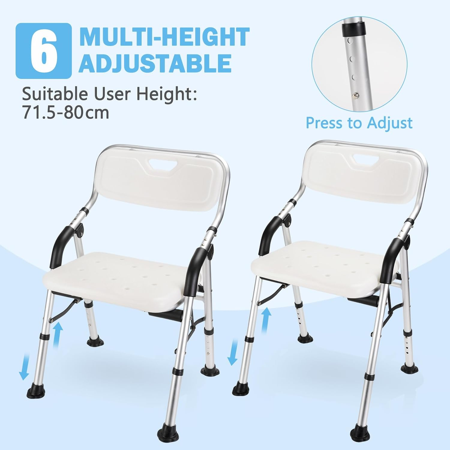 Shower Chair Adjustable U-Shaped Bath Chair Aluminum Alloy Frame Shower Stool with Back & Armrests for Elderly Disabled Bathroom, Hold up to 150 KG image number 2