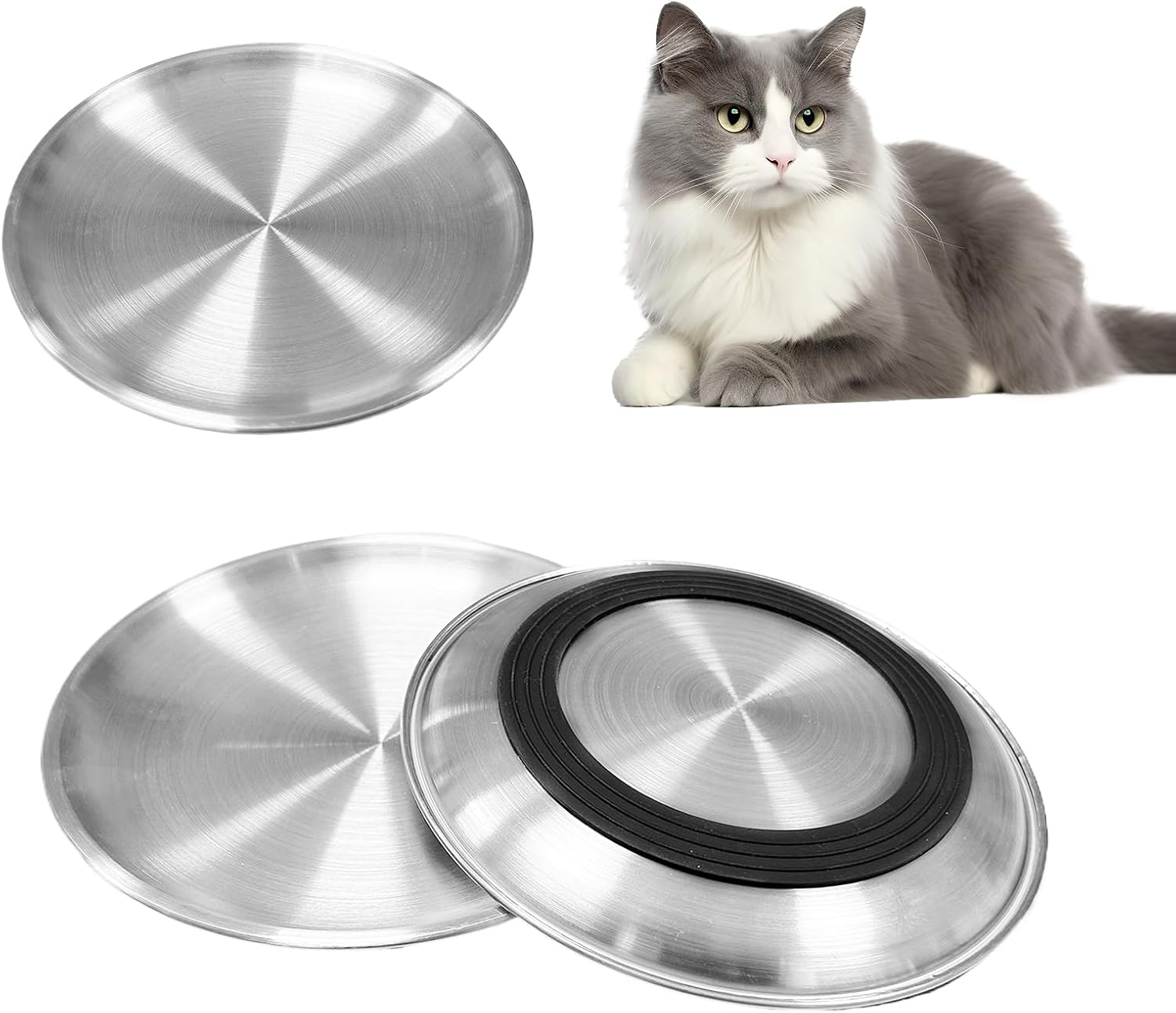 AMSGANK Pack of 3 Cat Feeding Bowls, Cat Bowls against Whisker Fatigue with Non-Slip Silicone Base, Stainless Steel Cat Plate for Cats, Kittens, Small Dogs, 17 Cm Cat Bowl, Flat image number 2