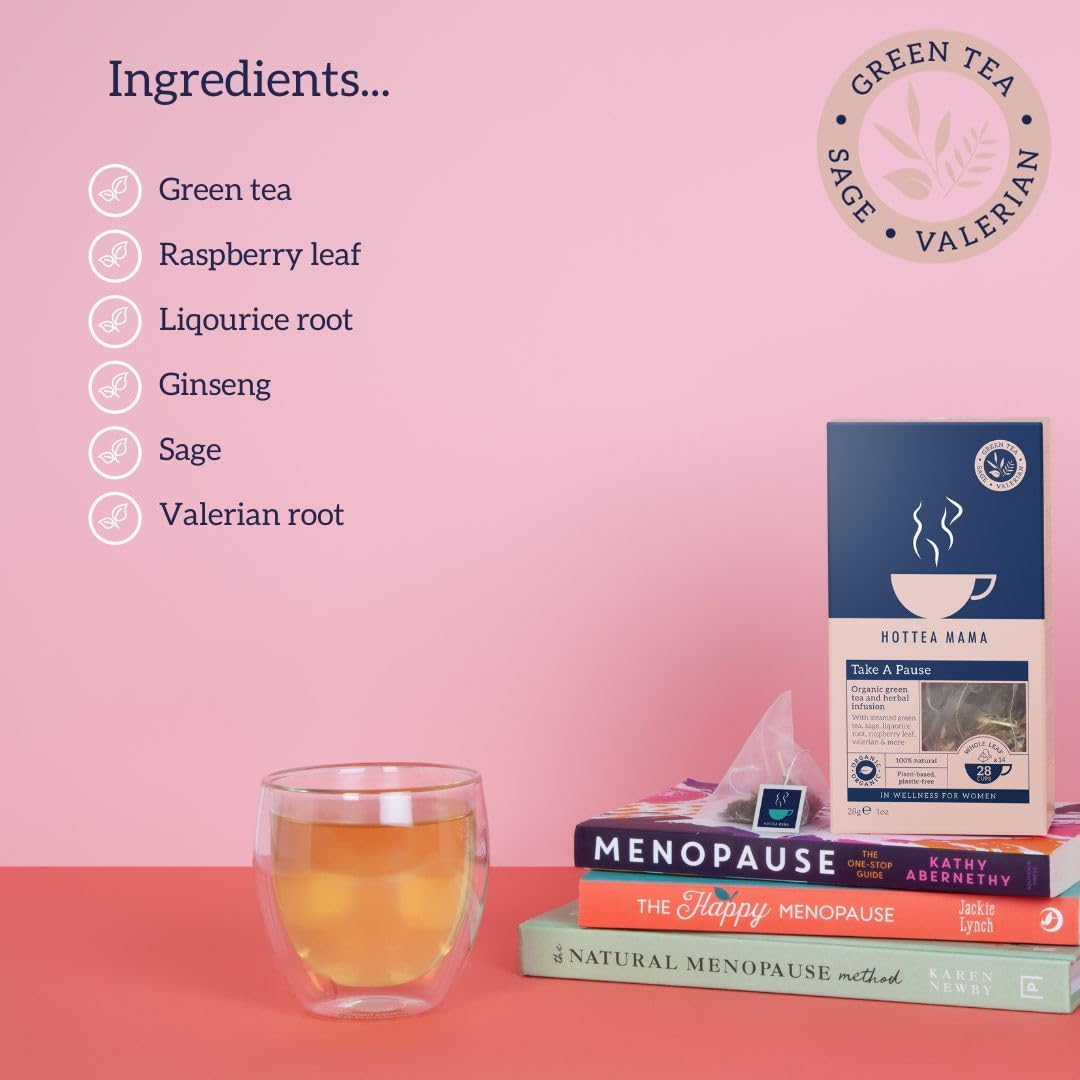 HOTTEA MAMA Take a Pause Menopause Tea with Green Tea, Sage, Ginseng, Raspberry Leaf, Liquorice Root & Valerian Root for Supporting Peri & Menopause | Biodegradable Tea Pyramids image number 1