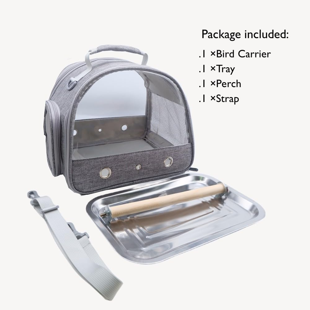 Bird Travel Carrier with Stand Perch and Stainless Tray,Portable Small Bird Parrot Parakeet Cockatiel Carrier for Hiking,Airline Approved. (Grey) image number 3