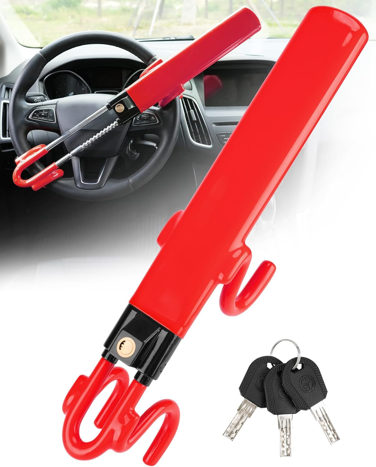 Tevlaphee Steering Wheel Lock Anti-Theft Car Device Heavy Duty Security Car Lock Antitheft Locking Devices Great Deterrent Adjustable Car Wheel Lock anti Theft for Vehicle Truck SUV with 3 Keys (Red) image number 4