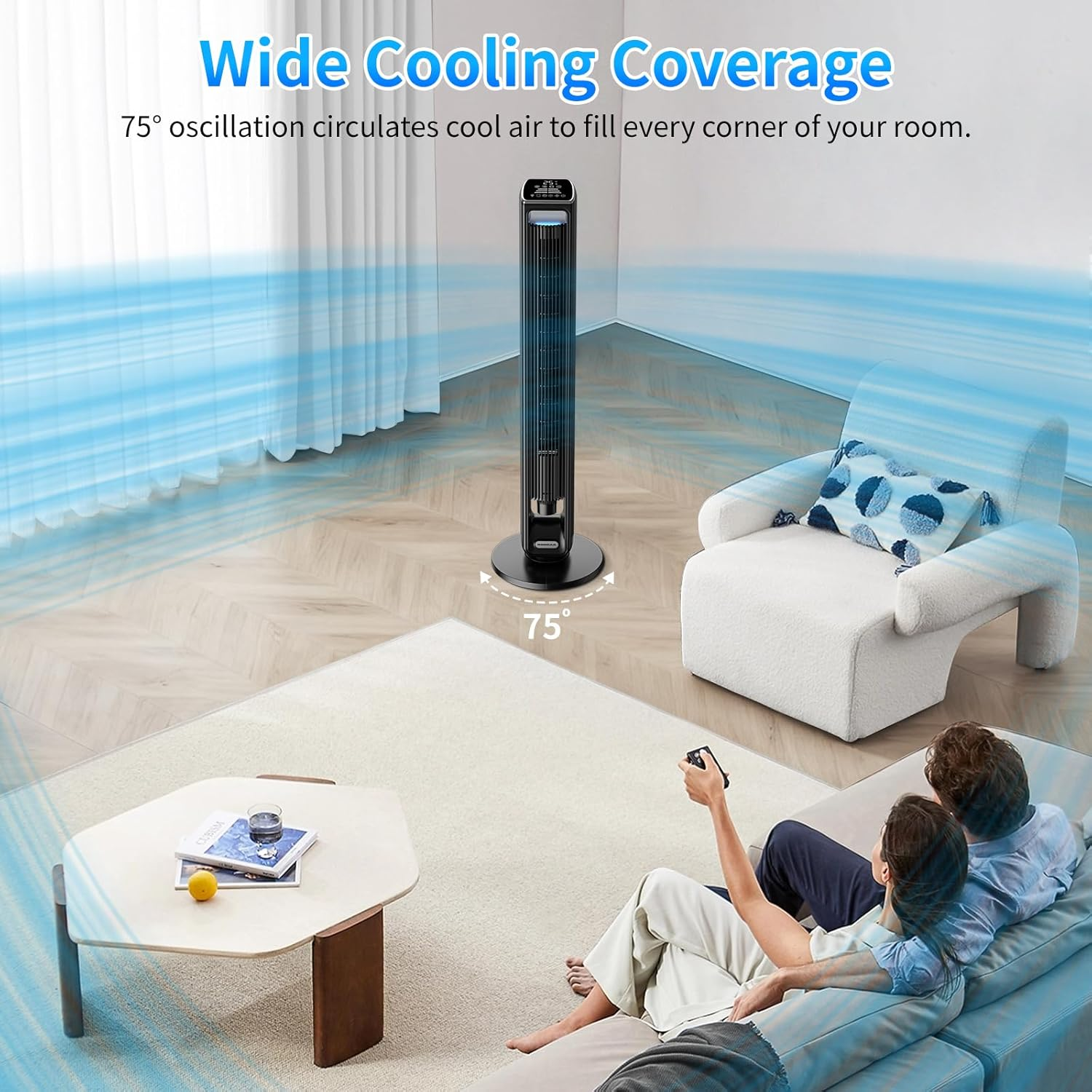 Smart Tower Fans with Aroma Box, 107Cm Slim Design, Touch Control and Remote Control, 70&deg; Oscillation, 7.5 M/S Silent Tower Fan, 3 Speeds, 15-Hour Timer, Black Standing Fan image number 2