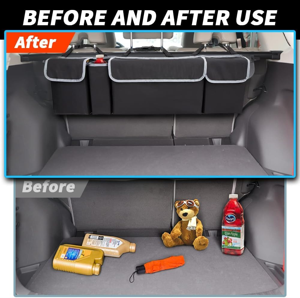 Car Trunk Organizer Storage with 4 Pockets, Collapsible and Waterproof Backseat Hanging Organizer, Car Interior Accessories for SUV, Truck, Van, Cargo image number 1