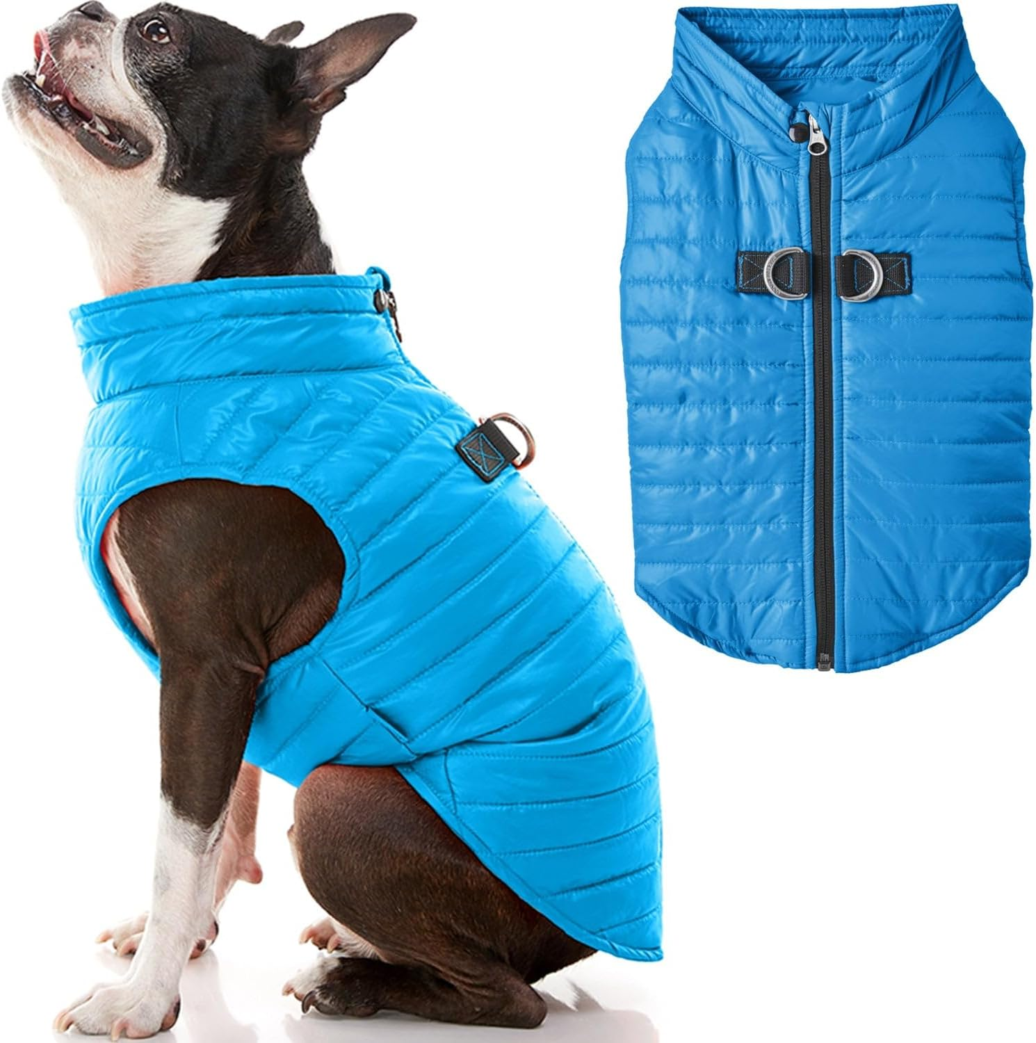 Gooby Puffer Vest Dog Jacket - Blue, Medium - Ultra Thin Zip up Wind Breaker with Dual D Ring Leash Water Resistant for Small to Medium Dogs