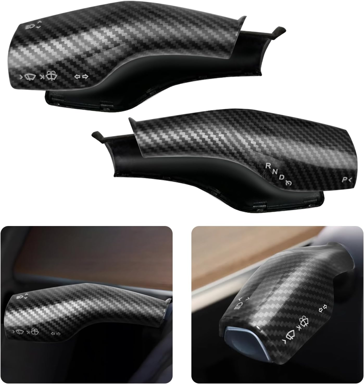 Femibon Steering Lever Cover for Tesla Model 3 Model Y 2017-2024, Carbon Fiber Pattern Car Gear Shift Cover, Steering Wheel Cover Tesla Model 3 Model Y 2024 Accessories(Glossy Carbon Fiber Pattern)