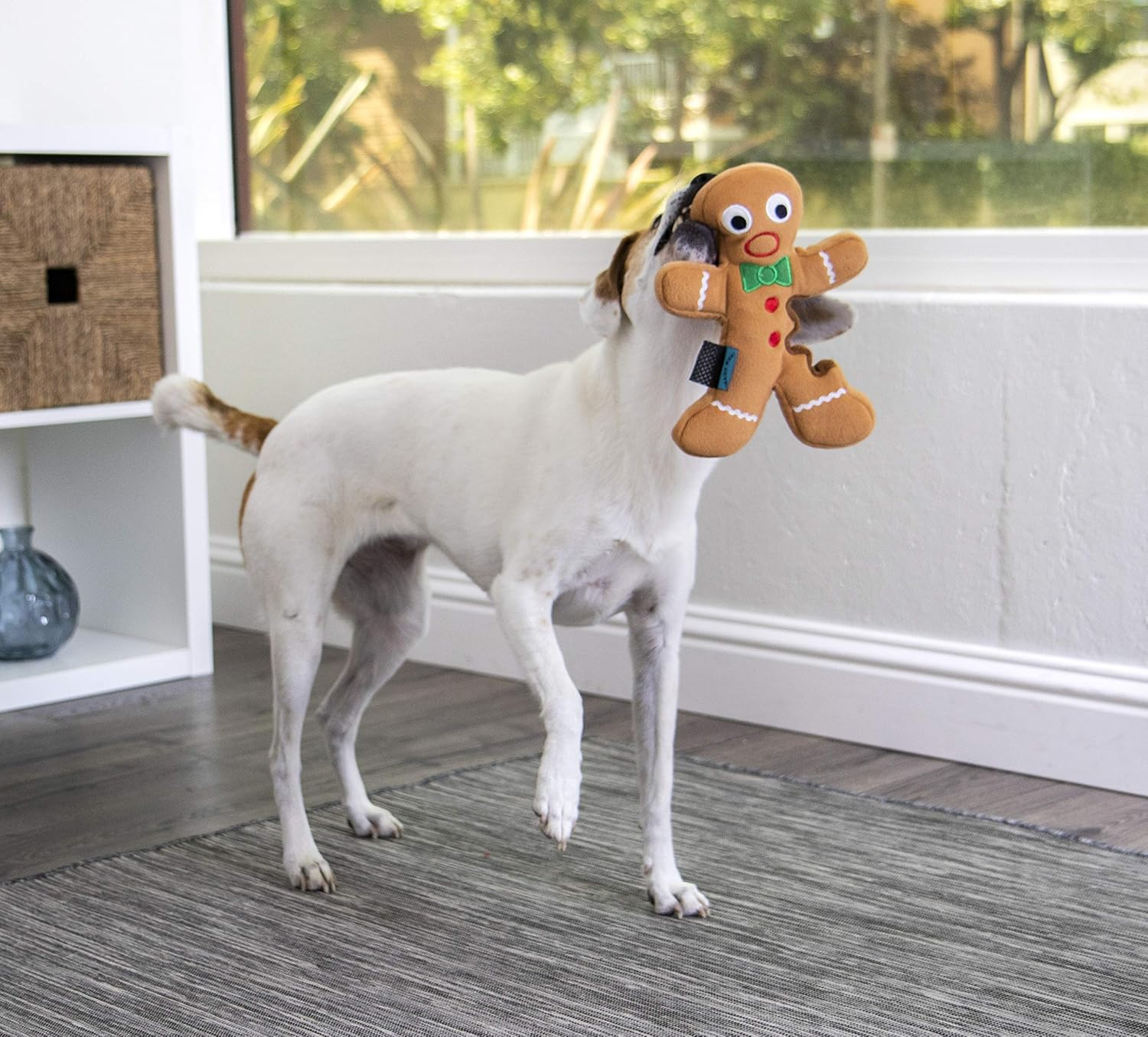 Godog Christmas Gingerbread Man Squeaky Plush Dog Toy, Chew Guard Technology - Brown, Large