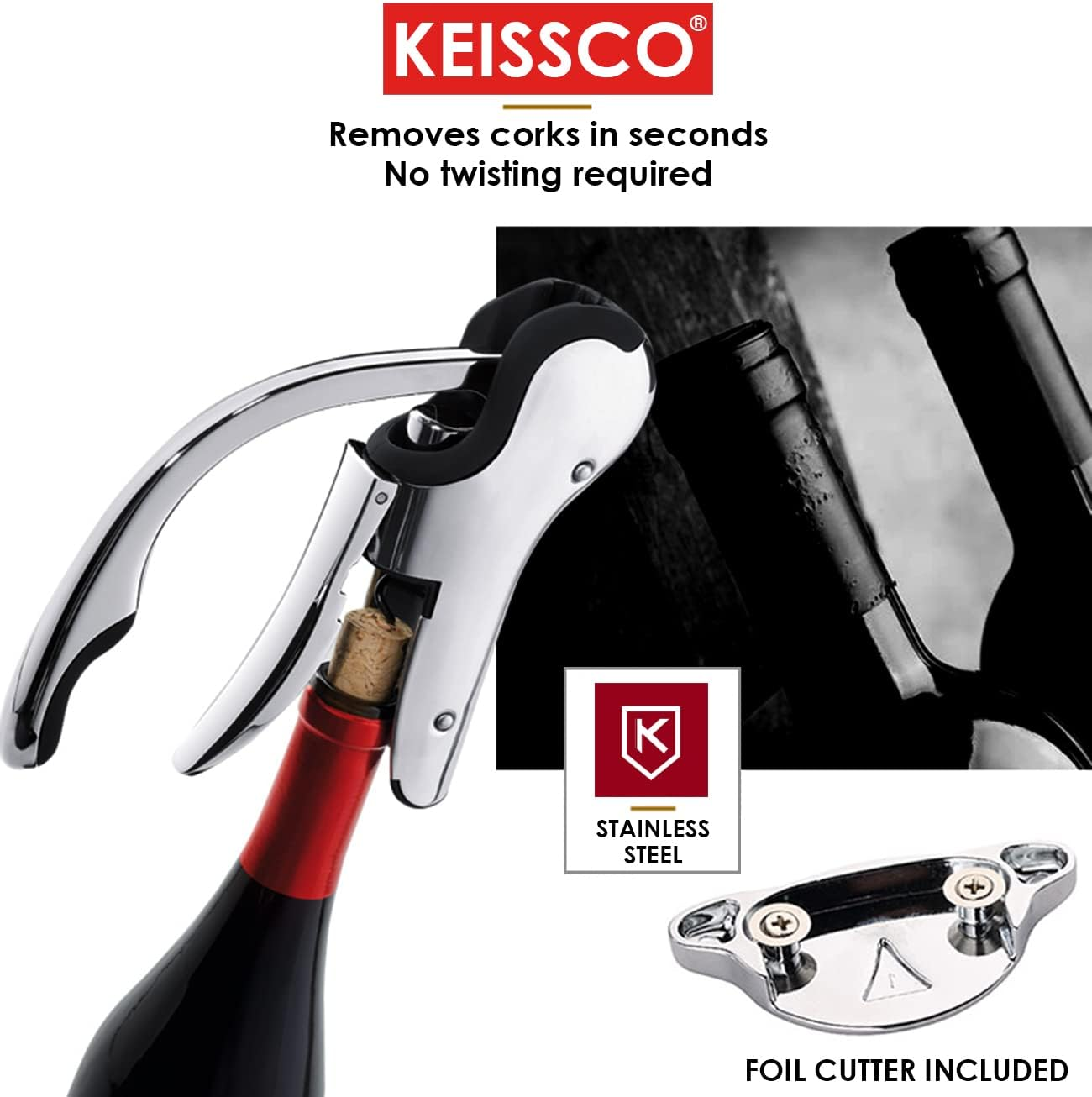 Keissco Compact Wine Opener Stainless Steel Vertical Lever Corkscrew with Foil Cutter image number 1