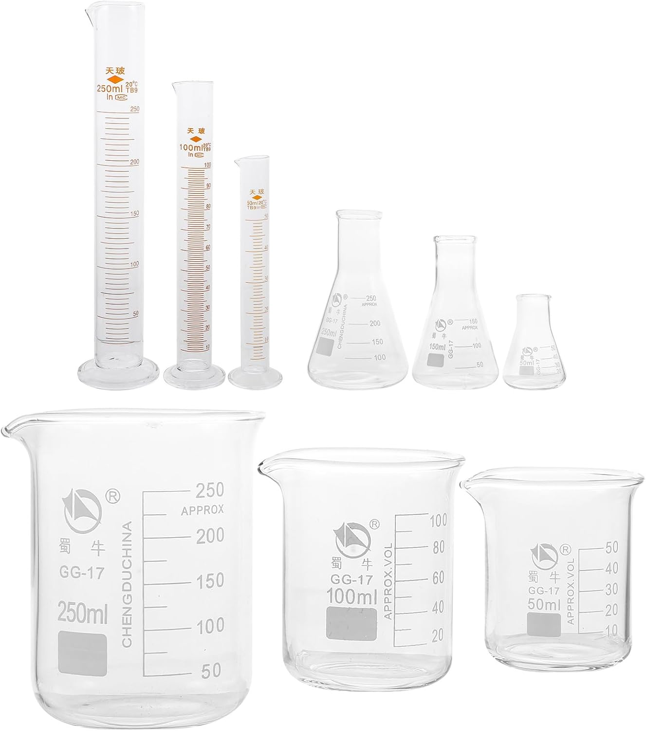 ULTECHNOVO Lab Glassware Set, 9Pcs- Includes 3 Beakers, 3 Erlenmeyer Flasks, 3 Graduated Measuring Cylinders, Beaker Set for Lab Experiment image number 6