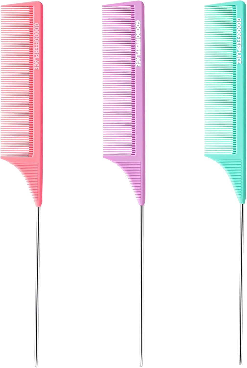 Goodofferplace 3 PCS Rat Tail Combs: Parting, Rattail, Teasing Combs with Metal Pick for Curly Hair, Detangling, Braiding, Styling (Pink, Purple, Green)