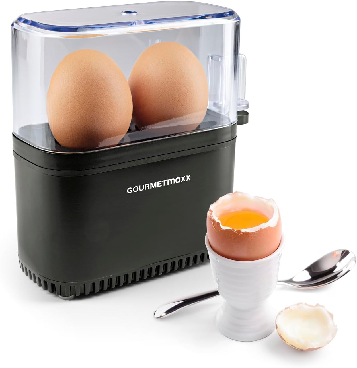 Gourmetmaxx Design Egg Cooker for 2 Eggs, with Egg Picker, Measuring Cup and Signal Sound, Compact Egg Cooker, 3 Degrees of Hardness, Easy Cleaning and Dishwasher Safe Parts