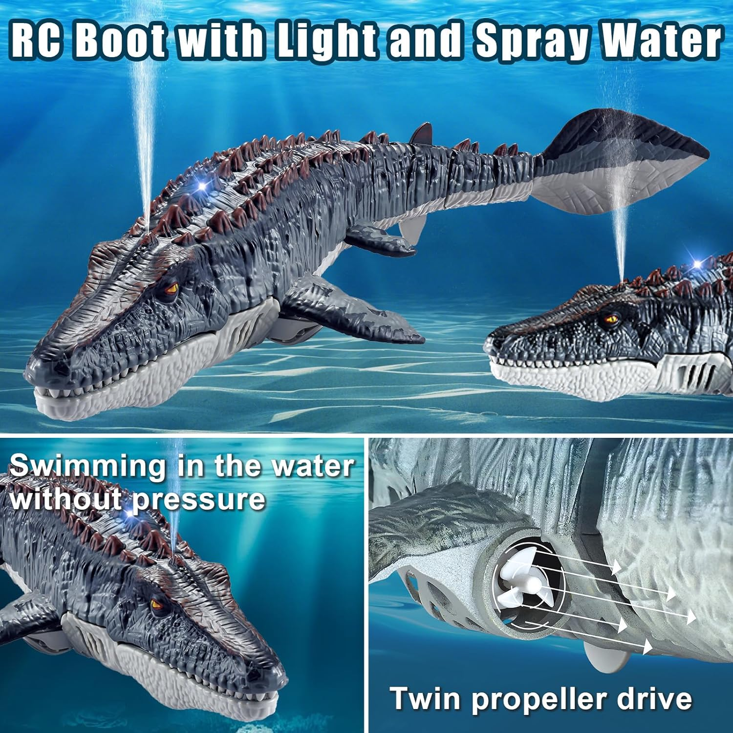 Remote Control Mosasaurus Dinosaur Toys for Kids, 2.4G Wireless Charging Simulation Dinosaur Spraying Shark Swinging with Light Mosasaurus Boys and Children Water Toy image number 2