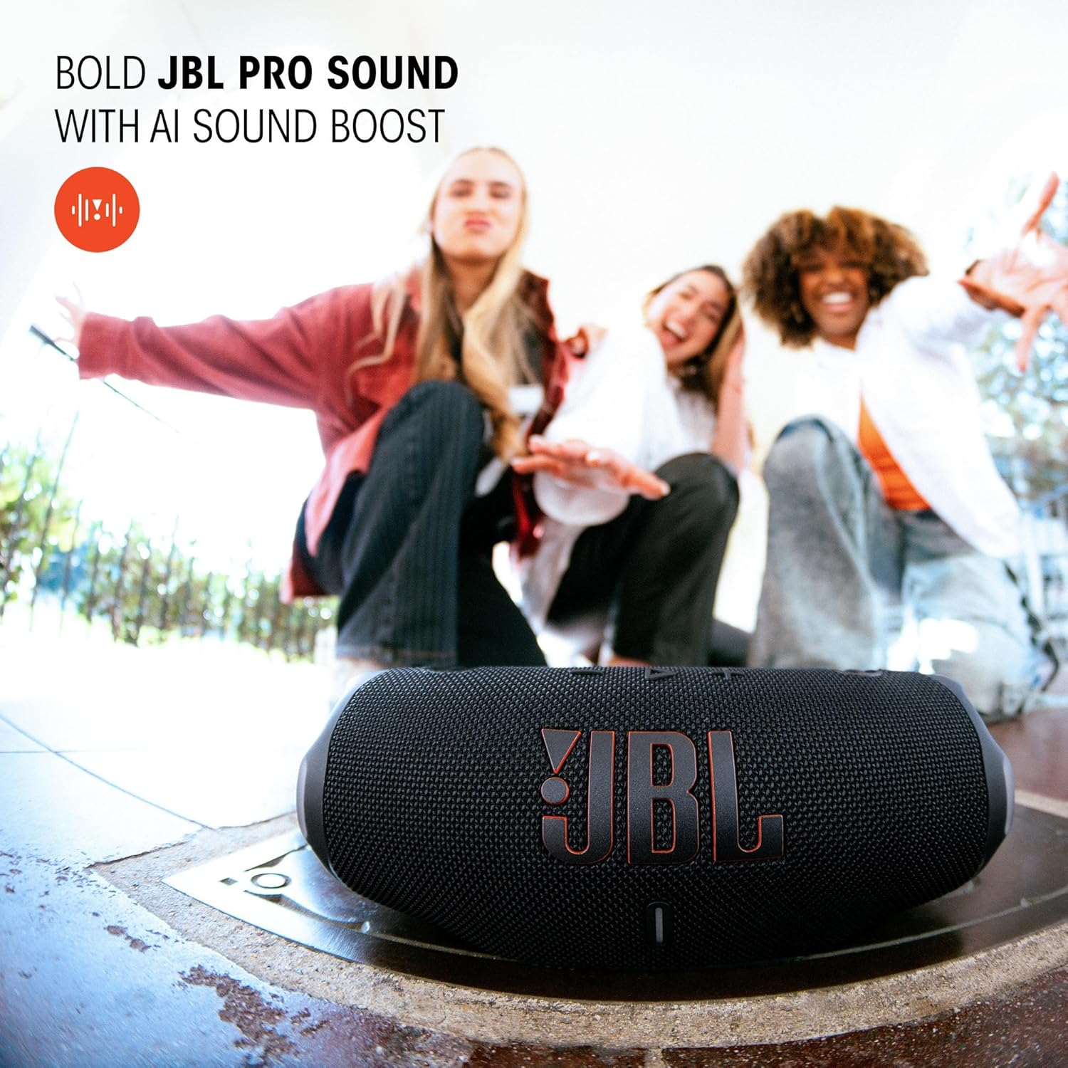 JBL Charge 6, Powerful JBL Pro Sound with AI Sound Boost, up to 28 Hours of Playtime, Multi-Speaker Connection by Auracast, Waterproof, Dustproof, and Drop-Proof, Black and Orange - Blue image number 5