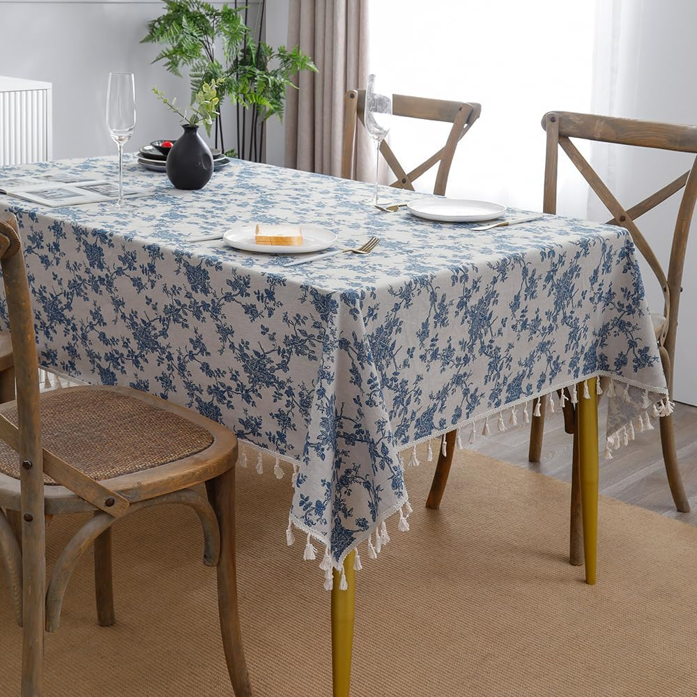 Anaado Cotton Linen Square Table Cloth for Dining Table, Table Cover 4 Seater, Vintage Blue Floral, 55''X55'' image number 5