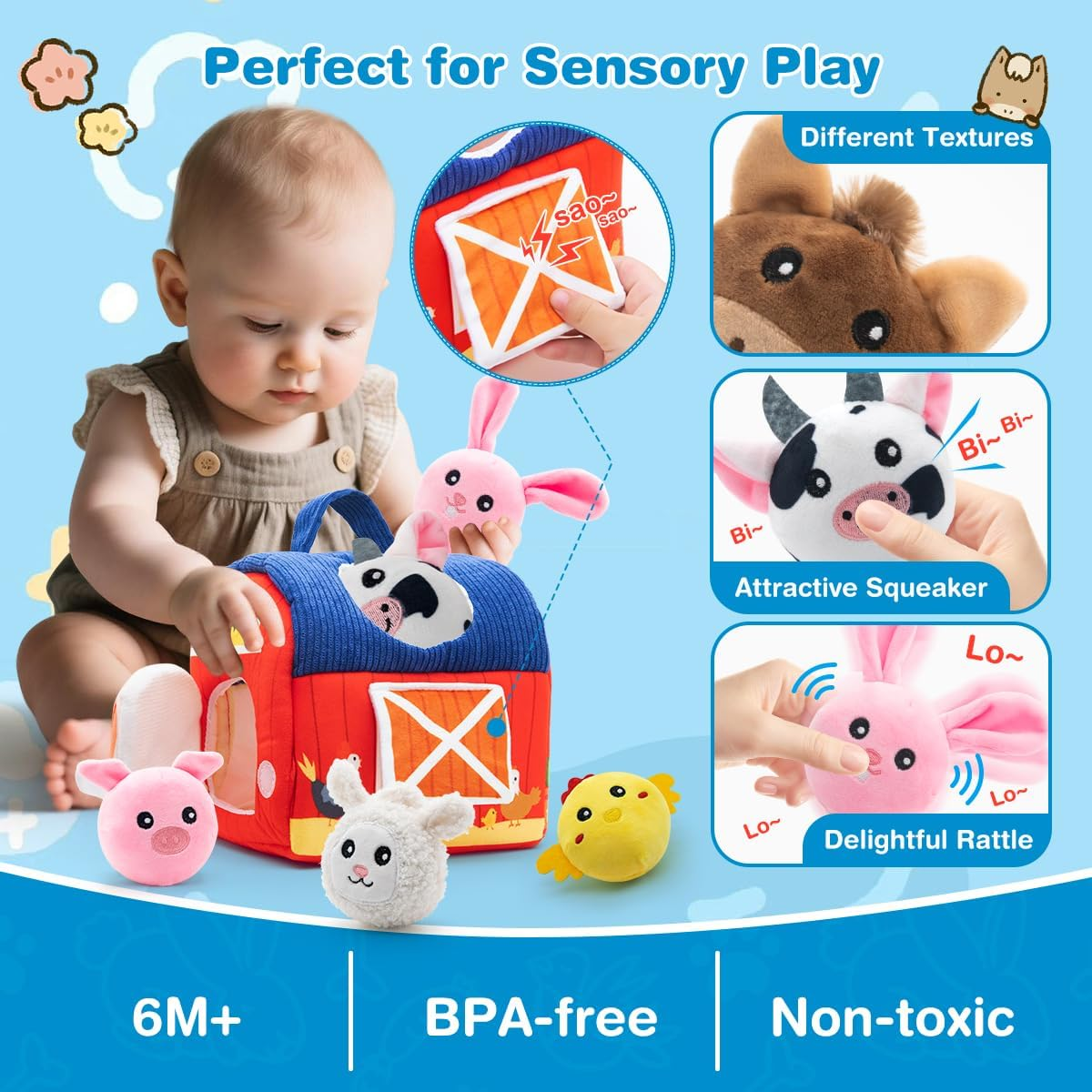 SPANKAR Baby Toys 6-12 Months,Soft Barn Toys with Stuffed Farm Animals,Rattle,Crinkle Paper, Squeaker, Mirror,Montessori Toys for Toddlers 1-3,Newborn Toy for Baby Boys Girls Birthday Gifts image number 5