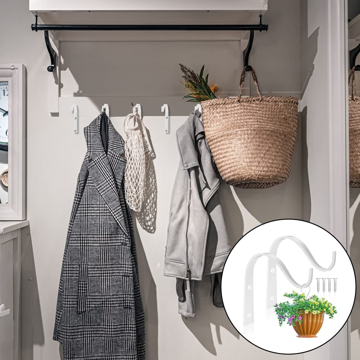 Iron Wall Hooks, 2 PCS Heavy Duty Metal Plant Hanging Basket Bracket for Hanging Lantern, Bird Feeders, Wind Chimes (White) image number 2