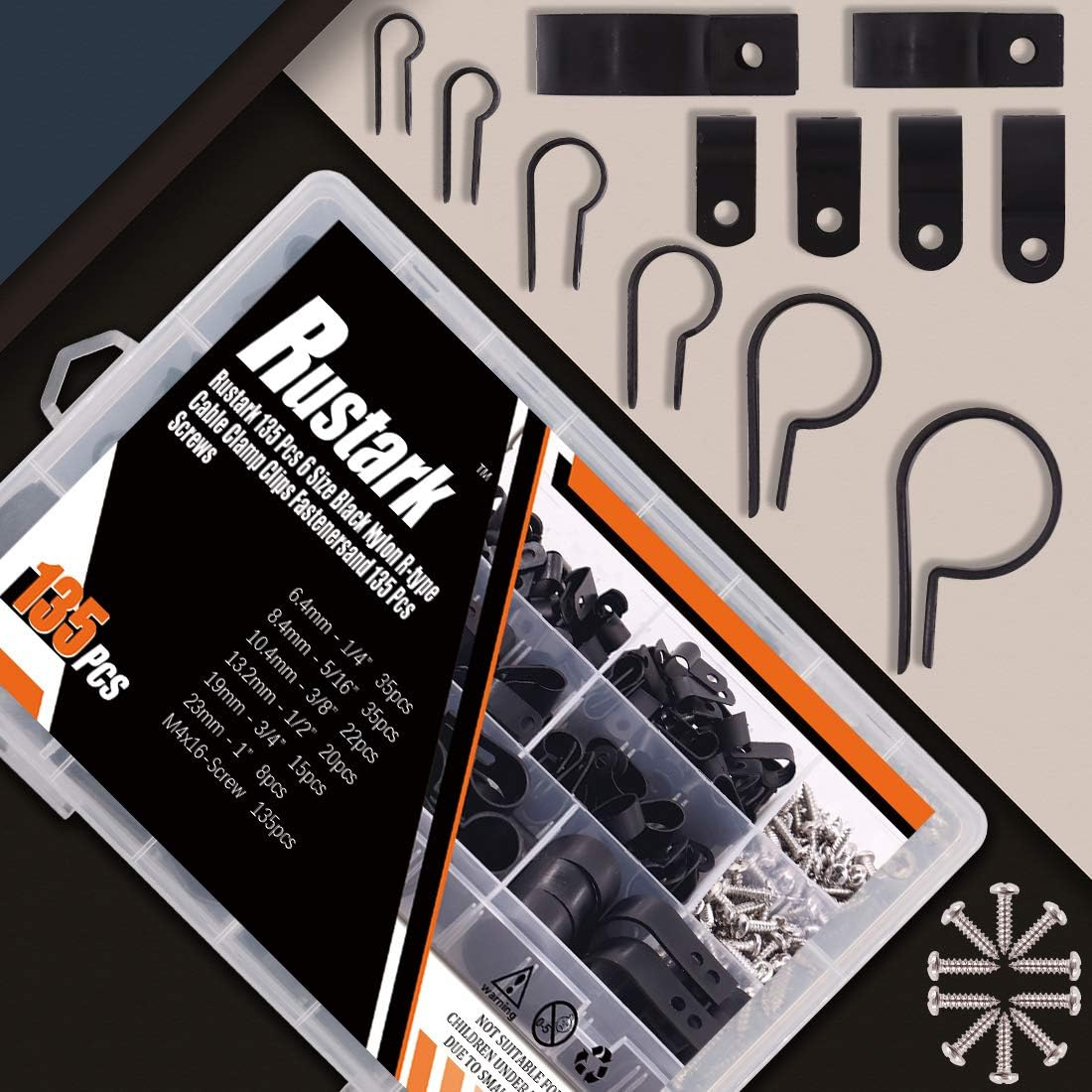 135 Pcs 6 Size Black Nylon R-Type Cable Clamp Clips Fasteners Assortment Kit with Mounting Screw and 135 Pcs Screws Organizer Cord Clips for Wire Management - White image number 3