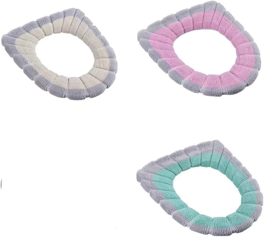 3 Pcs Soft Toilet Seat Cover Pad O Type Warmer Stretchable Thicker Washable Cloth Double Color image number 1