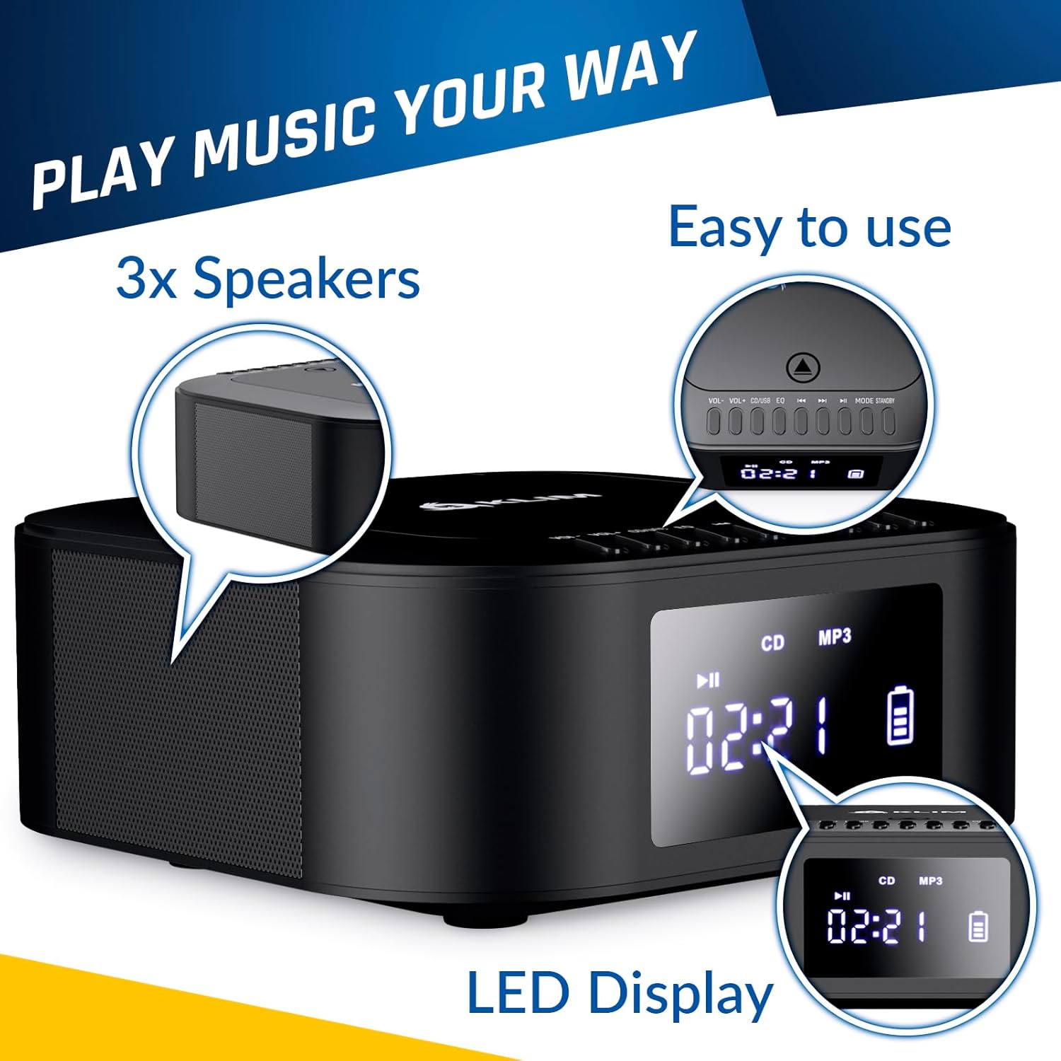 KLIM Boombox E1 - CD Player Portable Audio System + Extra BASS with Subwoofer + FM Radio, CD MP3 Bluetooth AUX USB + Wired and Wireless Mode Rechargeable Battery + Remote Control image number 1