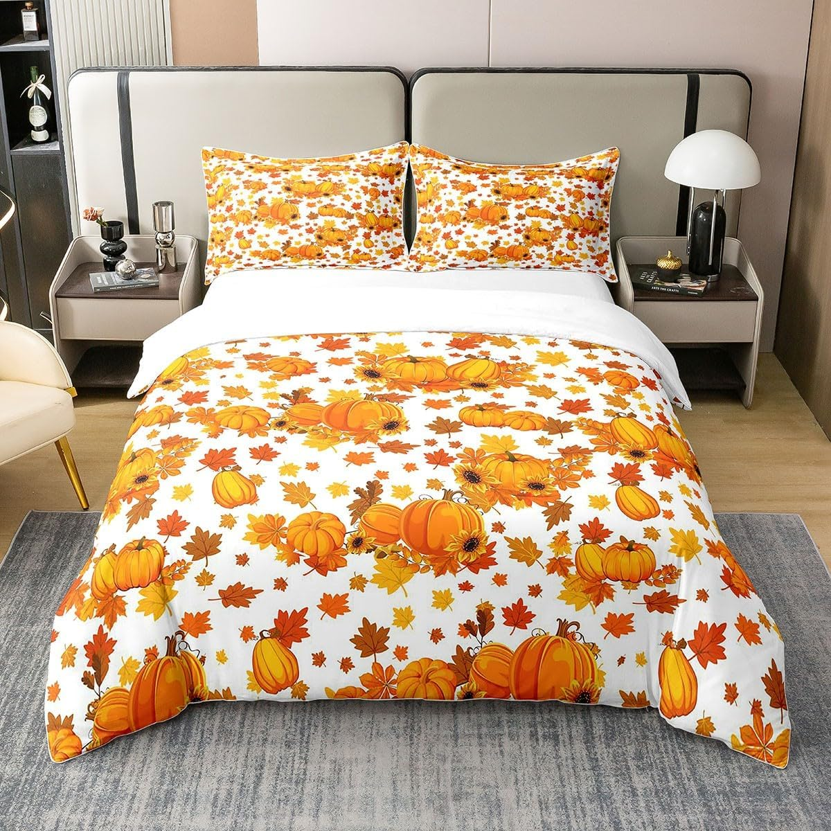 Halloween Pumpkin 100% Cotton Duvet Cover 155 X 220 Cm, Teens Black Cat Skeleton Bone Bed Linen, Bat Spider Web Castle Star Comforter Cover, Christmas Candy Cane Quilt Cover, White Orange image number 2