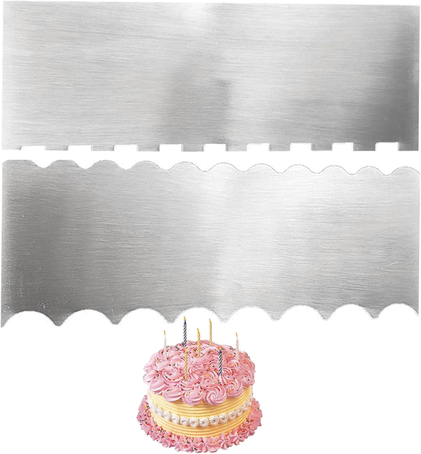 2Pcs Stainless Steel Cake Scraper with Sided Patterned Edge Stripe Edge, Pastry Baking Smoother Scraper Cake Decorating Tools for Mousse Butter Cream Cake image number 1