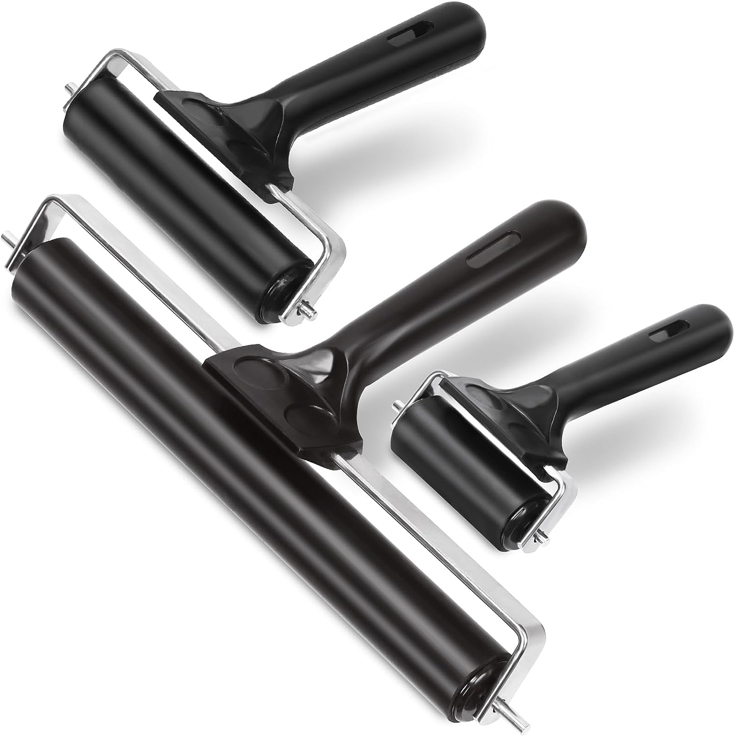 Swpeet 3 Pack Black Rubber Roller, Brayer Roller, Hard Rubber, Block Stamping anti Skid Construction Tools 2.2 Inch, 3.8 Inch and 7.7 Inch for Printmaking, Ink, Crafting, Gluing and Stamping