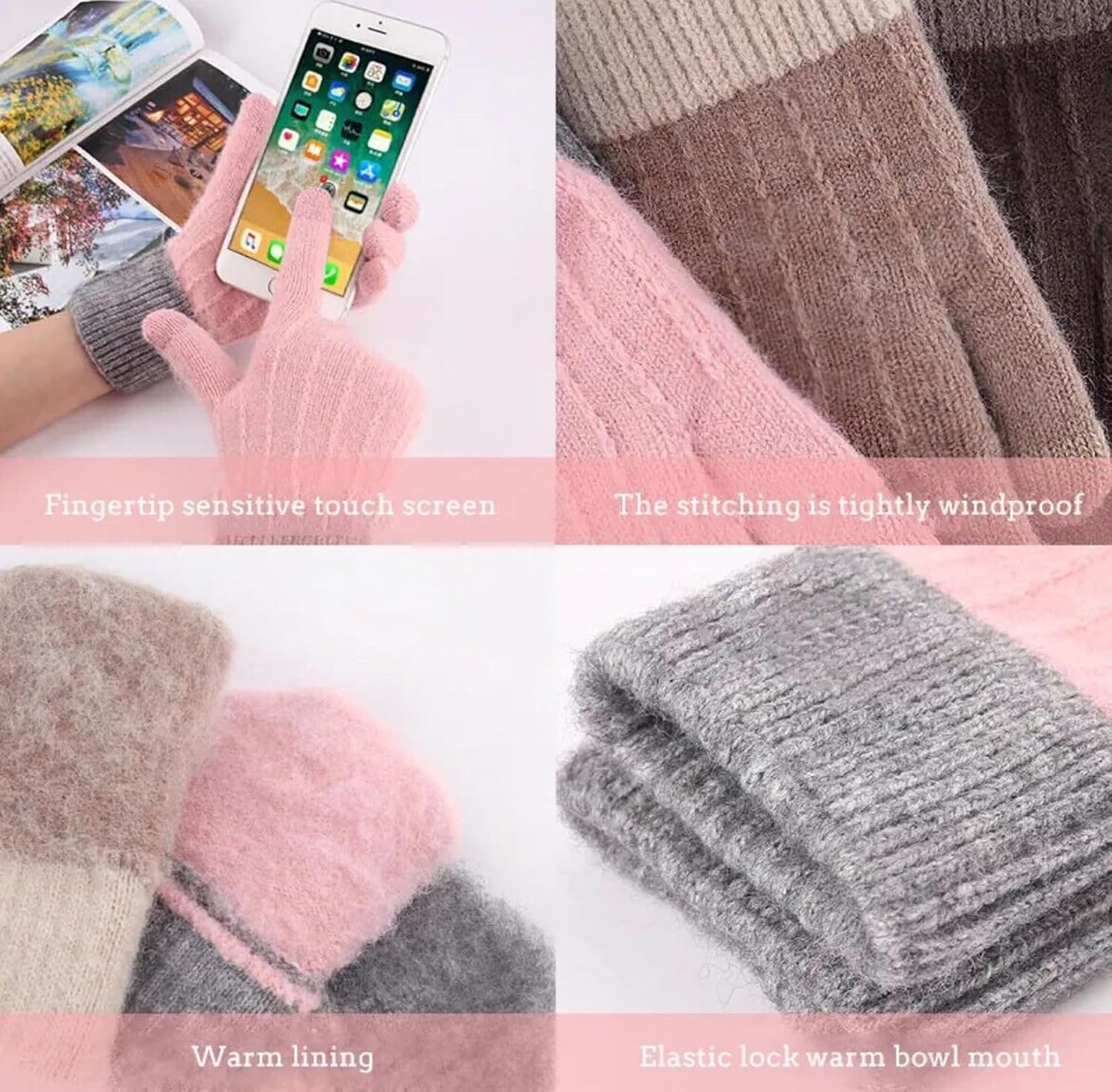 Women Gloves Winter Touch Screen Knitted Warm Gloves, MH MOIHSING Elastic Warm Fleece Anti-Slip Working Running Gloves for Women, Winter Gloves for Skiing Cycling Hiking Driving Outdoor Sports (Kahki) image number 4