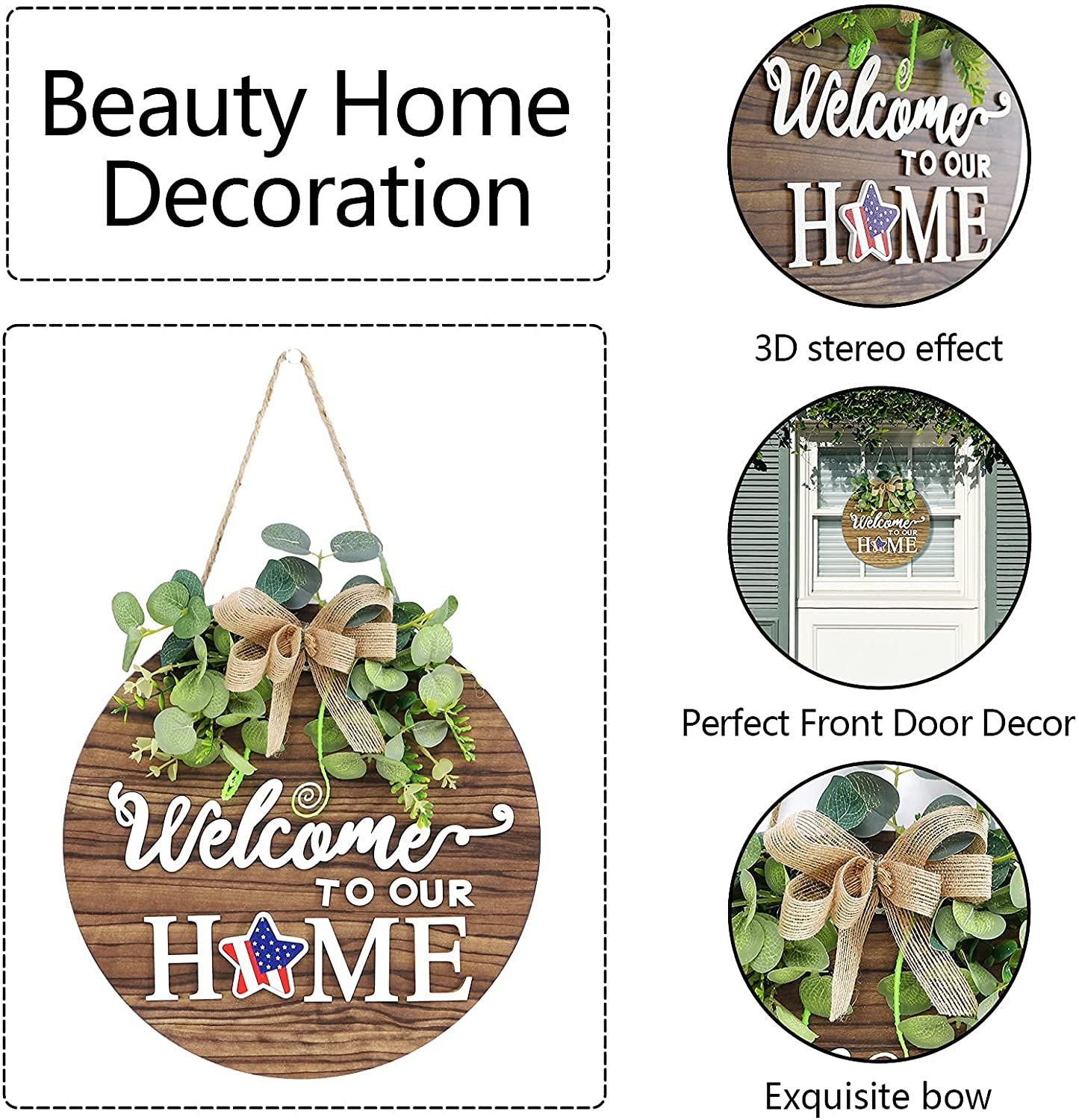 Interchangeable Seasonal Welcome Sign Front Door Decoration, Rustic round Wood Wreaths Wall Hanging Outdoor, Farmhouse, Porch, for Spring Summer Fall All Seasons Holiday Halloween Christmas. image number 5