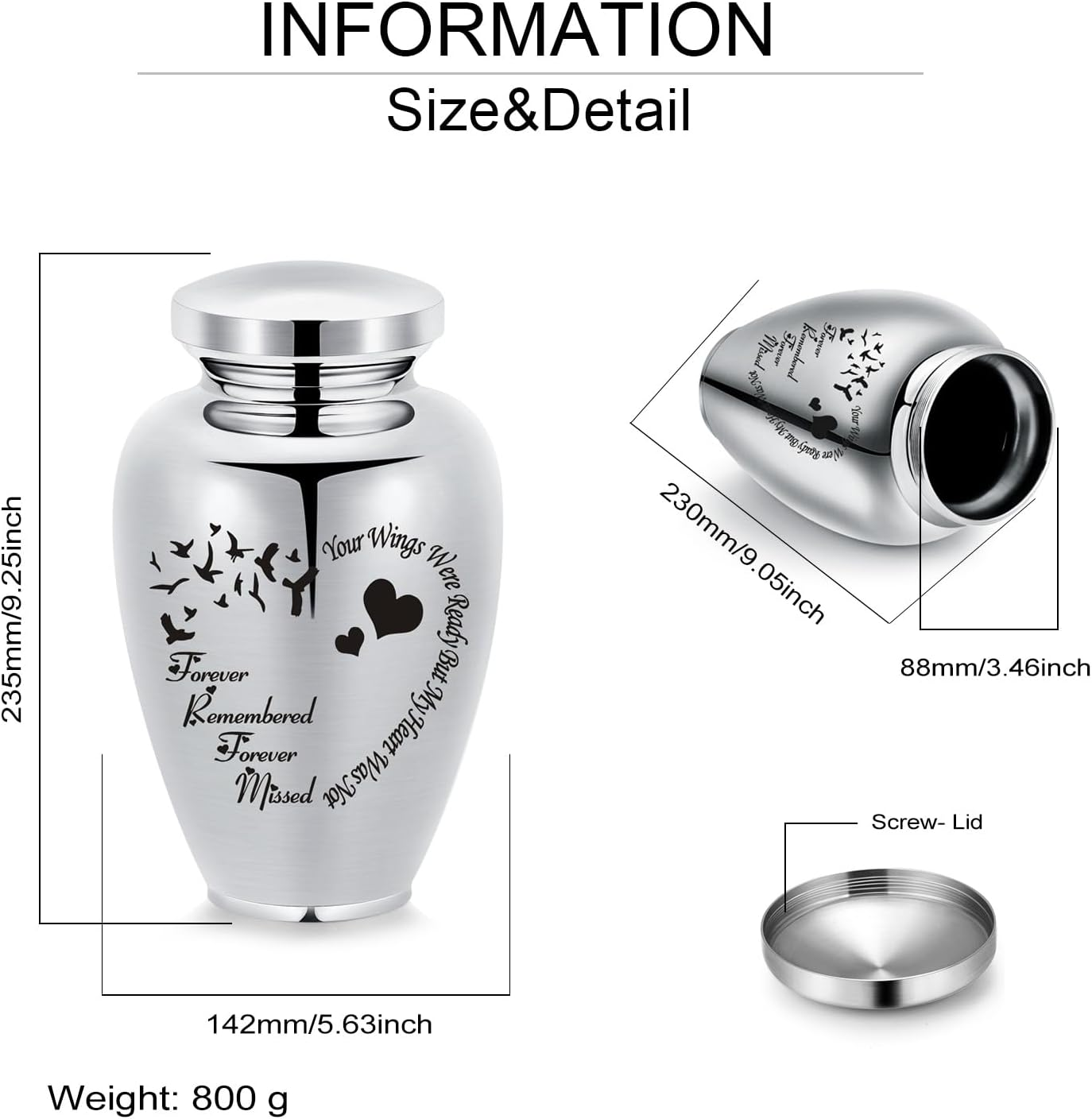 AIWENXI Pet Cremation Large Urns for Dog Cat Ashes Urns Keepsake Pet Large Urns for Dogs for Ashes Urns for Cats for Ashes (Silver, Bird Heart) image number 3