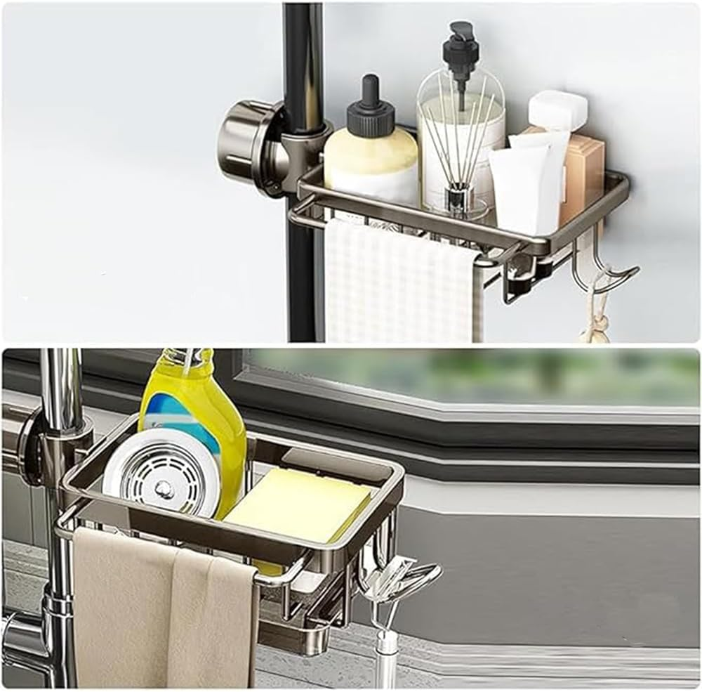 Kitchen Sink Faucet Organizer, Multifunction Sponge Holder for Kitchen Sink with Hook and Self Draining Tray,For Bathroom, Scrubbers, Soap, Work with 0.7-1.1Inch round Water Pipe (Right) image number 2