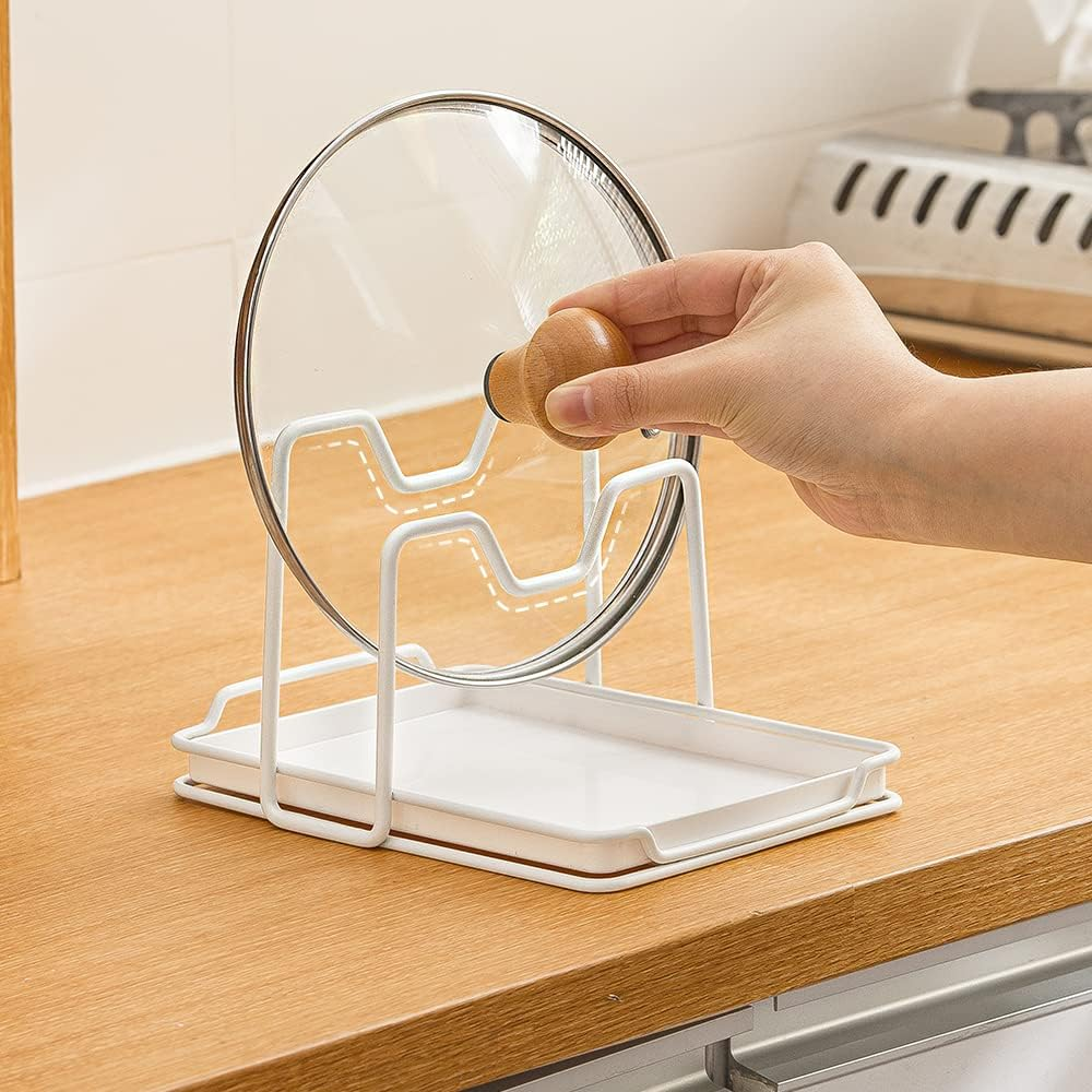 Poeland Pot Lid Holder, 2 Layers Pot Lid Organizer, Multifunctional Lid and Spoon Rest with Drip Tray for Pot Lid, Spatula, Spoon, Cutting Boards