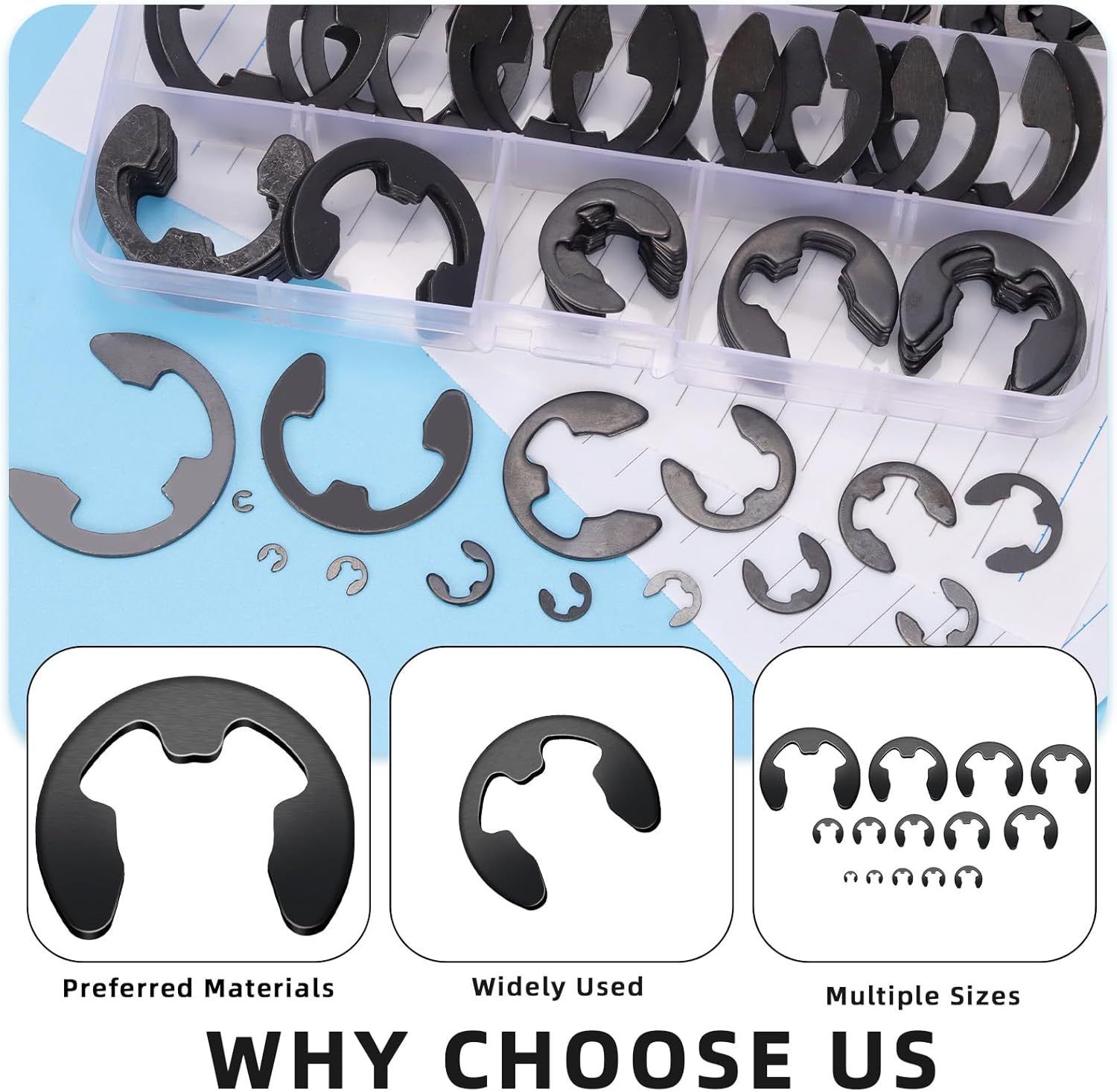 Glarks 211Pcs 65Mn-Steel E-Clips Retaining Rings Assortment Set 14 Sizes E-Ring Circlip Rings Heat Treated External Retaining Clips E-Clips Retainer Circlip Rings with Tweezers for Gears image number 3