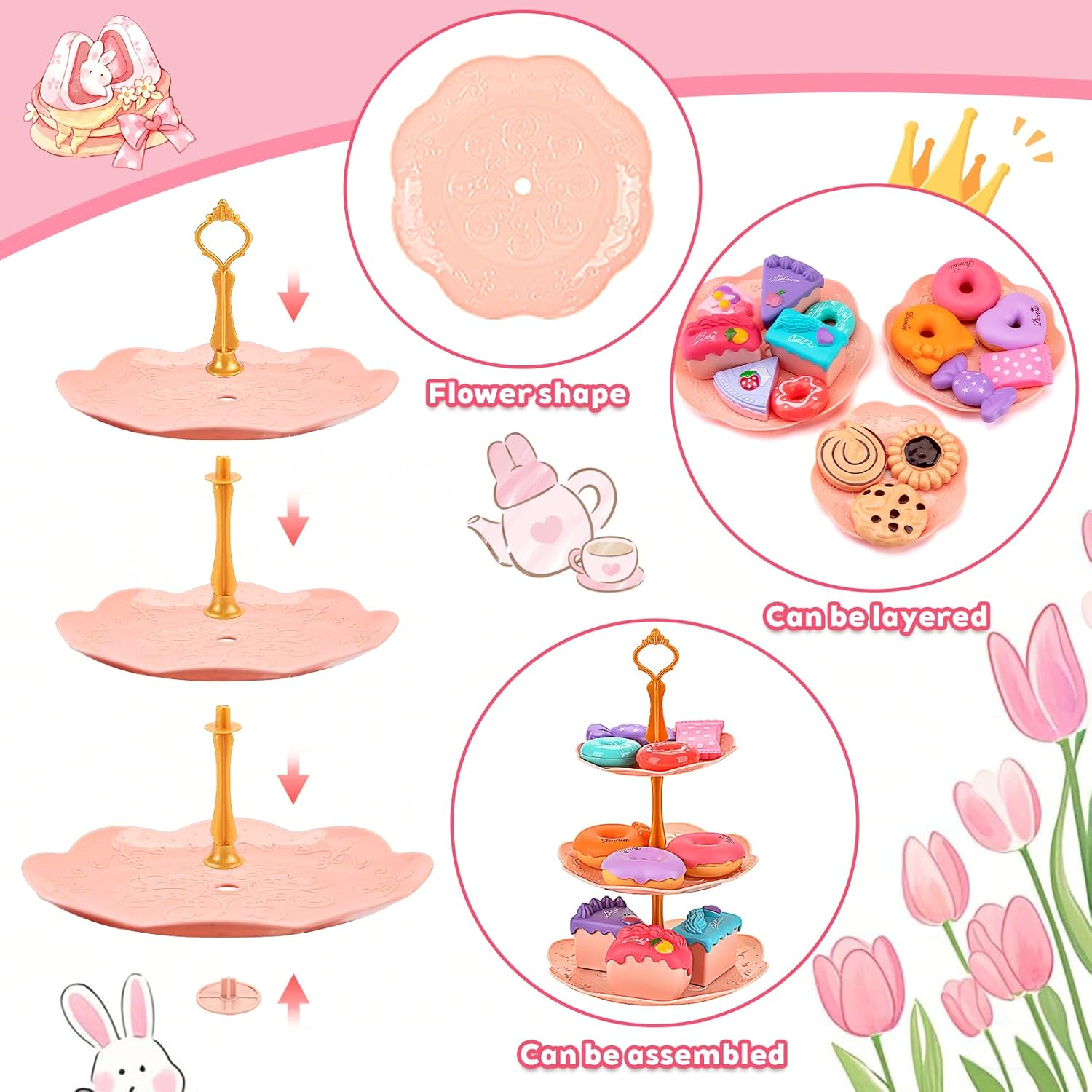 46Pcs Tea Party Set for Little Girls,Pretend Play Tea Set Toys, Food Toy Dessert Accessories, Birthday Gift for Kids Girls 3 4 5 6 Year Old image number 2