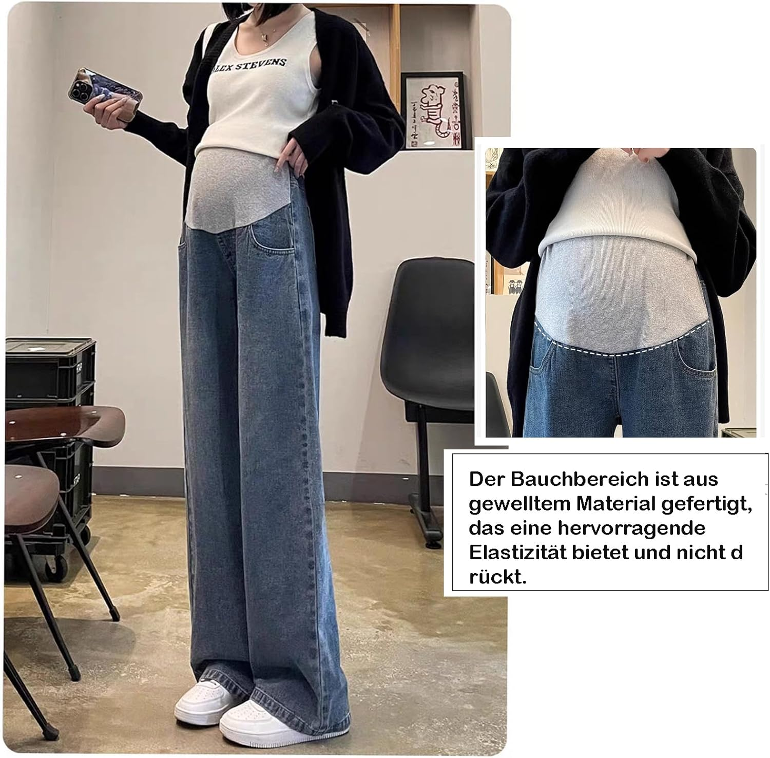 Pregnant Women'S Jeans Wide Leg Design, Adjustable Waist Belt & Double-Sided Pockets, Stylish & Elegant, Practical for Everyday Use and Work image number 2