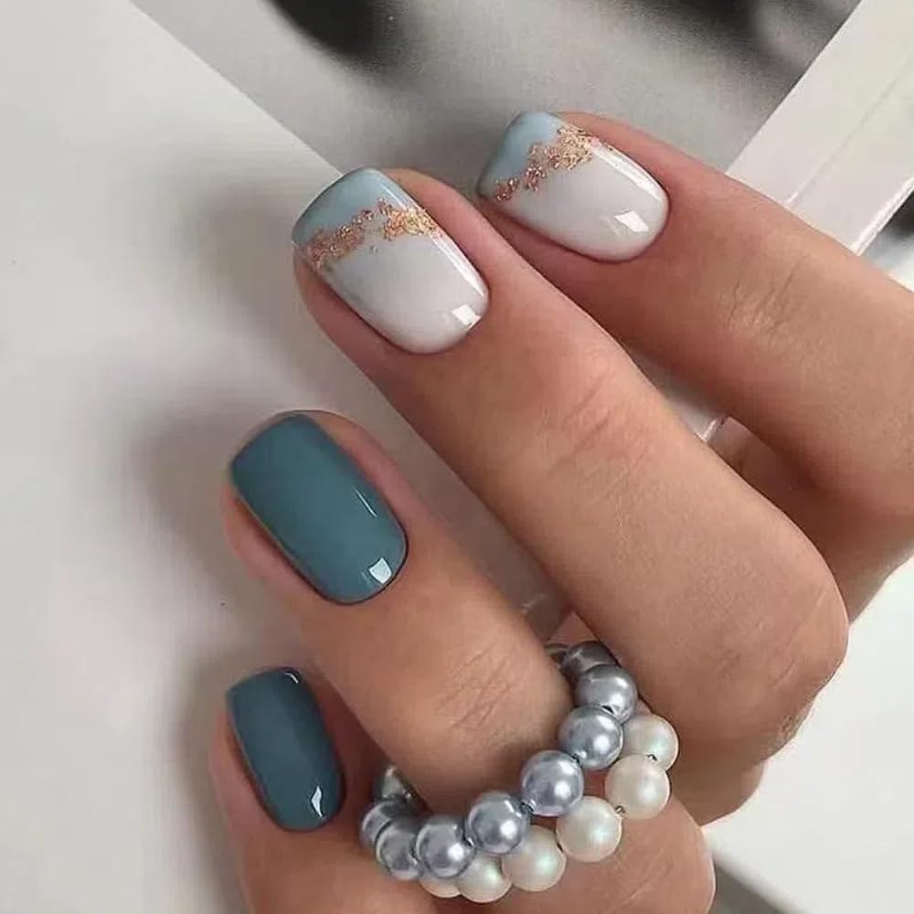 Ztcily False Nails Short Square Blue White False Nails French Short Sleeve Summer Fake Nails Press on Nails for Women Girls Accessories for Birthday Valentine'S Day Wedding image number 4