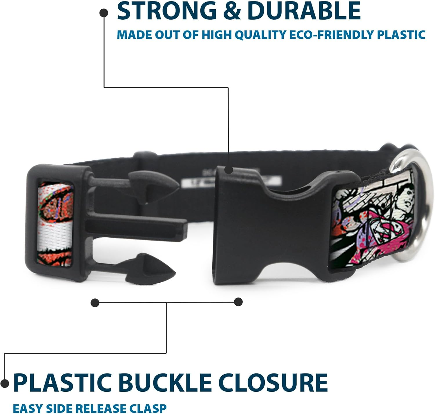 Buckle-Down Plastic Clip Dog Collar, Superman Colour Flying Bricks Scene, 8 to 12 Neck Size X 0.5 Inch Width