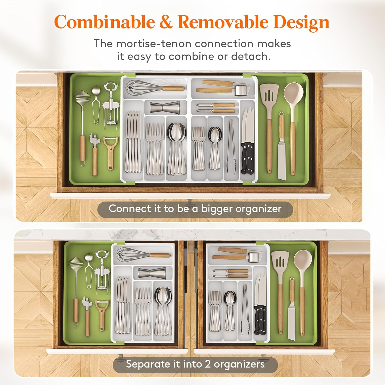 Lifewit Large Silverware Drawer Organizer, Expandable to 36 Inches Wide, BPA Free Plastic Utensil Tray for Kitchen, Adjustable Flatware and Cutlery Holder for Spoons Forks Knives, Green&White image number 5