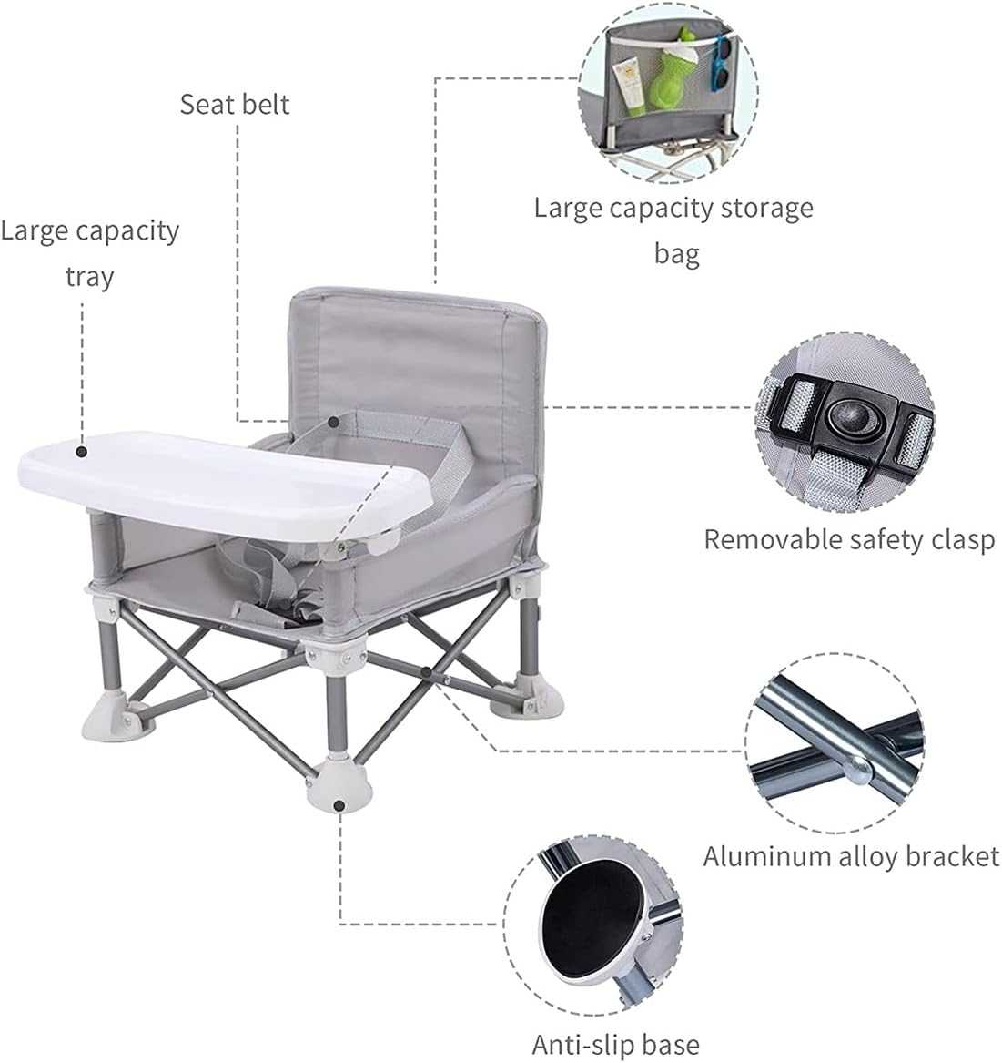 TOMVAES Portable Baby Seat, Baby Booster Seat, Toddler High Chair, Compact Folding Highchair for Indoor Outdoor Dining, Camping, Park, Beach (Gray) image number 2