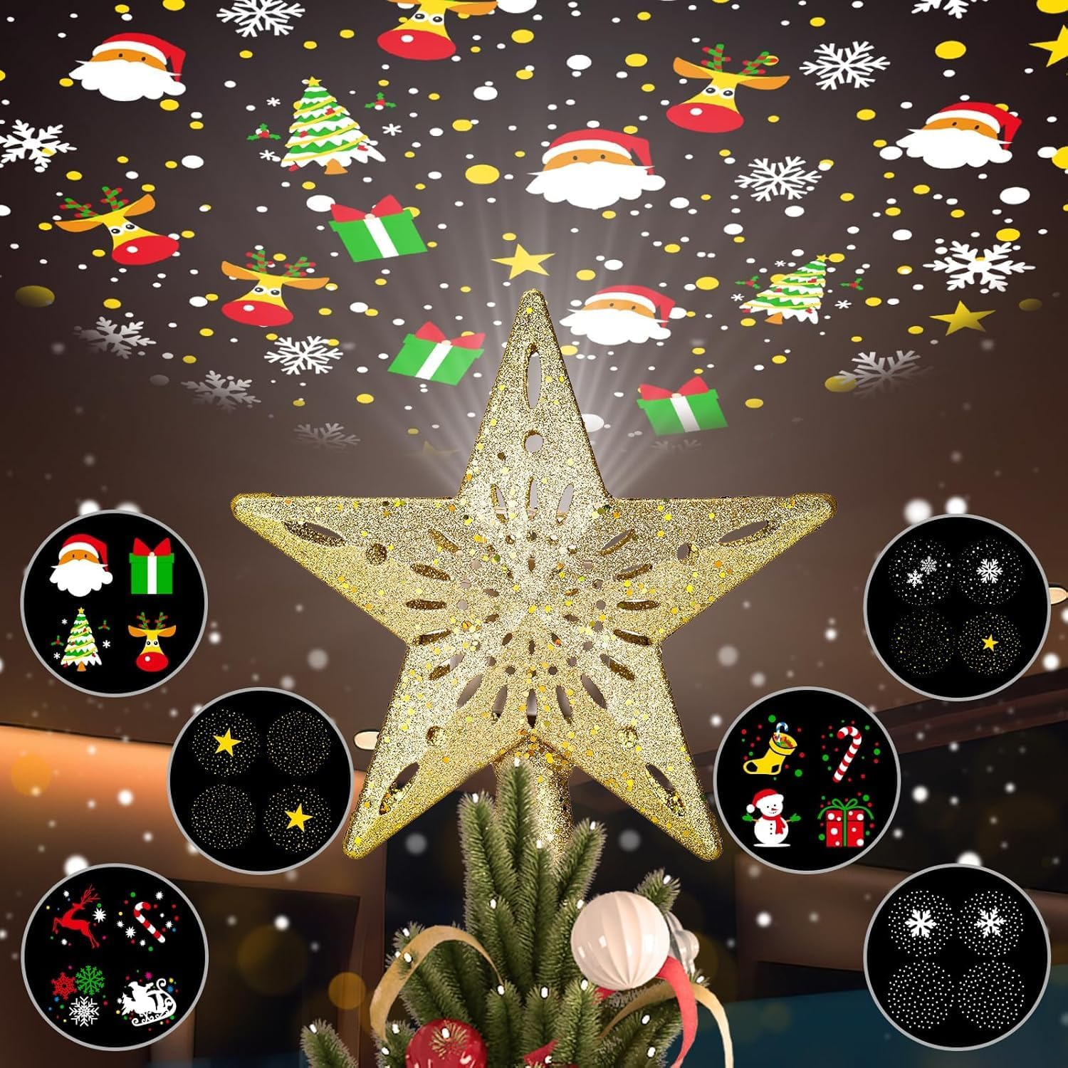 Christmas Tree Topper Lighted Star with 6 Projected Patterns,3D Hollow Sparkling Star Christmas Tree Topper with Rotating Magic Projector for Christmas Tree Ornament image number 4