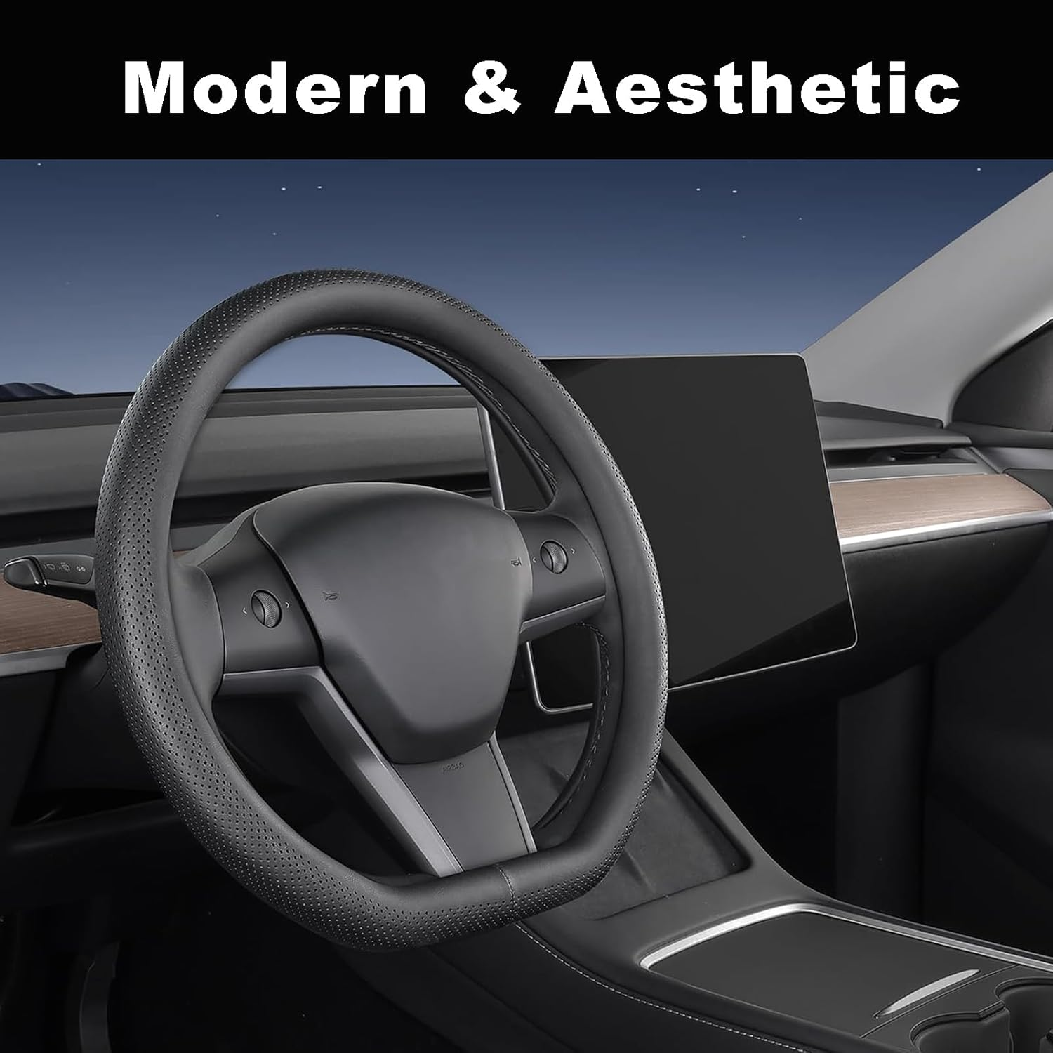 MAEZOE Nappa Leather Steering Wheel Cover for Tesla Model 3/Y 2016&ndash;2026 Juniper/Highland, Ultra-Thin D-Shaped Grip, Breathable & Non-Slip for Commuters, Family, Daily Driving image number 4