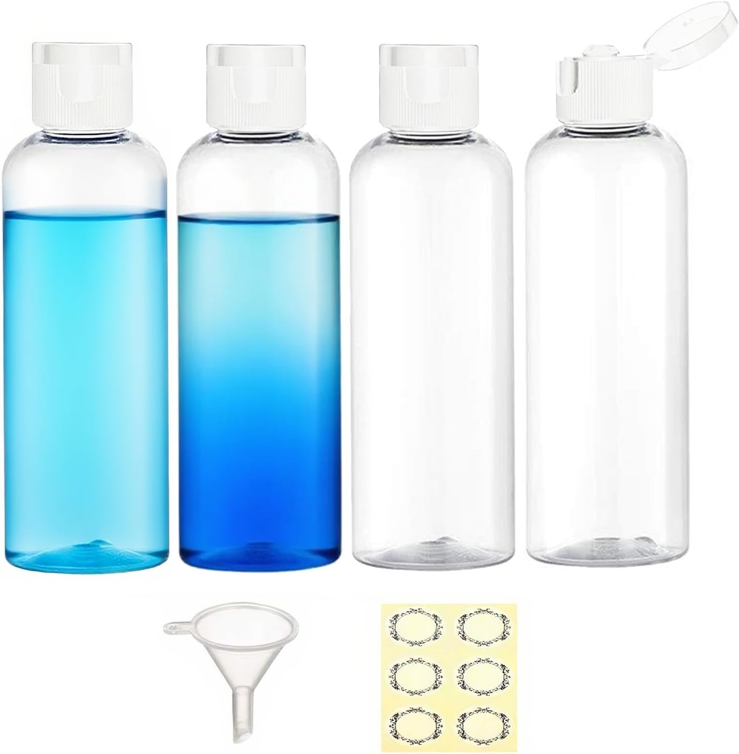 Apstaqeoo 4PCS 150ML Plastic Bottles with White Disc Top Flip Cap Empty Squeeze Bottles Clear Refillable Travel Container Dispenser with Funnel Label for Liquid Lotion Shampoo Toiletries Cosmetic