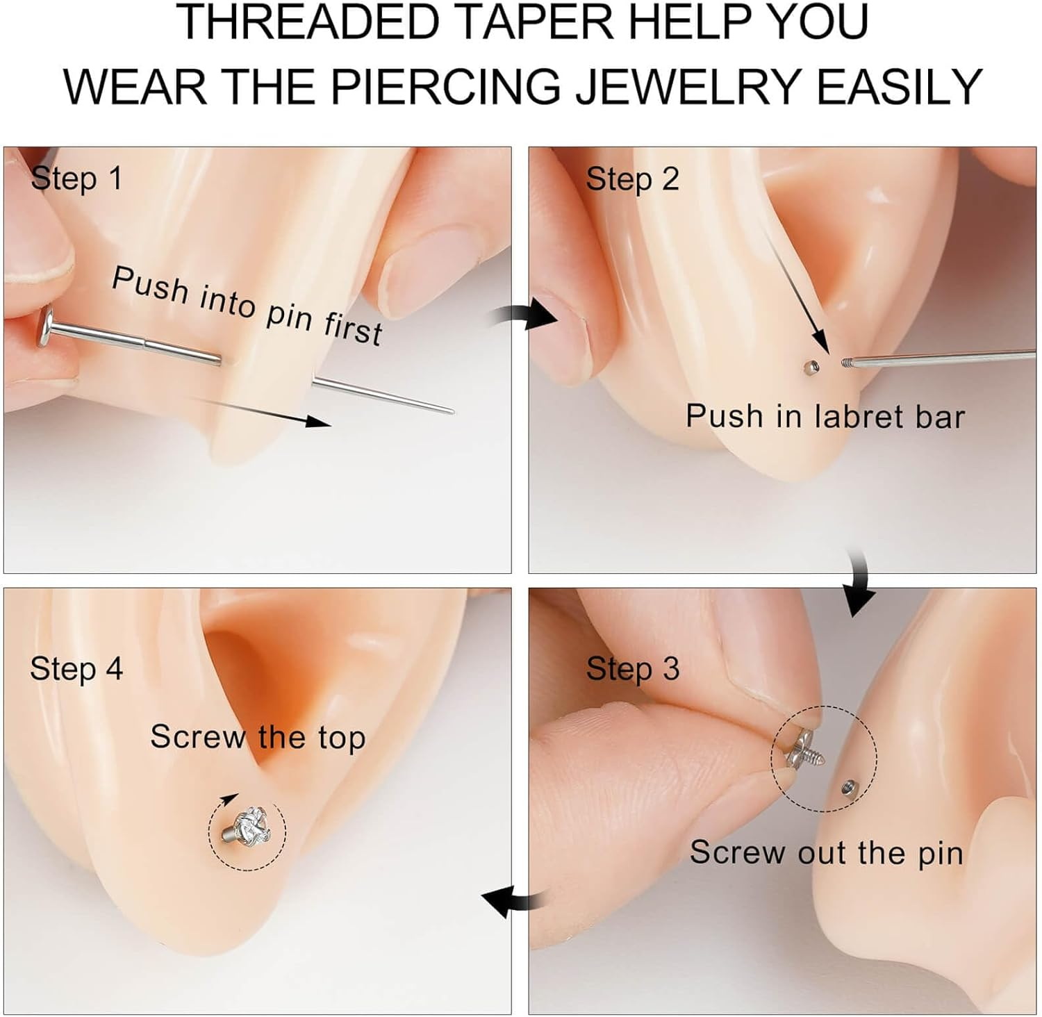 QXXPVV Stainless Steel 14G 16G 18G 20G Threaded Piercing Taper Threadless Piercing Taper Insertion Pin for Ear/Nose/Navel/Nipple/Lip/Eyebrow Stretcher Body Piercing Stretching Kit Assistant Tool image number 3