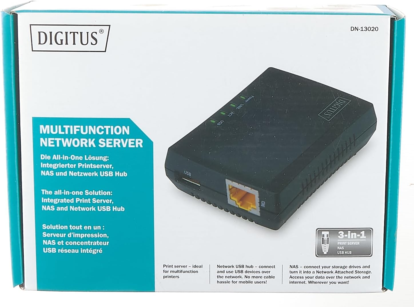 DIGITUS Fast Ethernet USB Network Server, Multifunctional for NAS, USB Hub, Printer, DVD Drive, 1 Port, USB 2.0, 10/100 Mbit/S Network, RJ45, Black image number 3