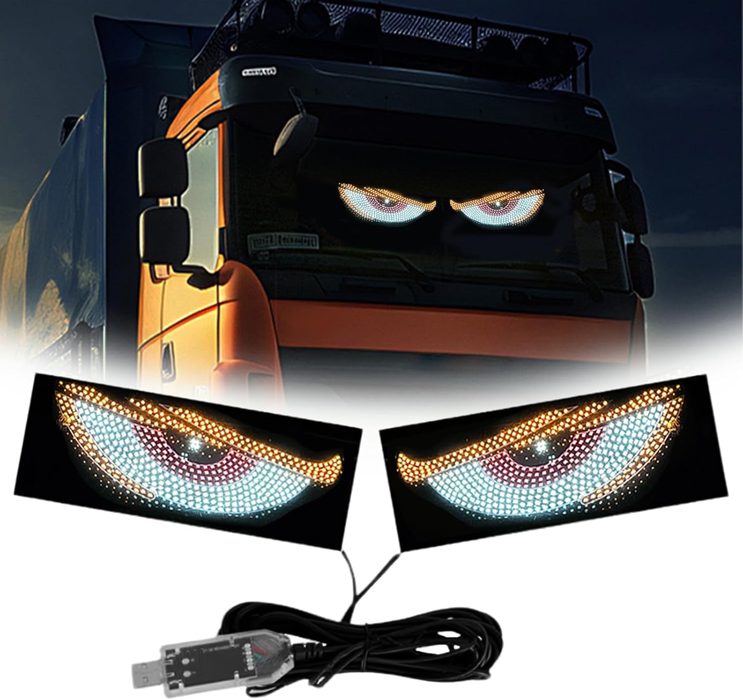 2PCS LED Devil Eyes Light for Car Truck SUV Windshield, 23.6"X4.73" Dynamic Flicker Vehicle Front Rear Window Display, USB Powered, Cool Car Decoration, Universal Fit (White)