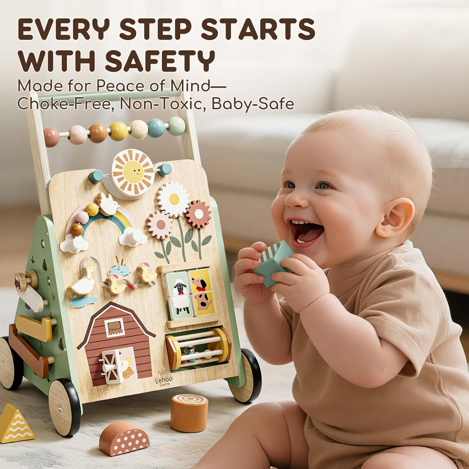 Lehoo Castle Wooden Baby Walker, Baby Activity Centre for 1 2 Year Olds, 13 in 1 Montessori Activity Board Multiple Push Walker for Babies, Learning Walking Toy Baby Gifts for Boys Girls Age 12 Months+ image number 4