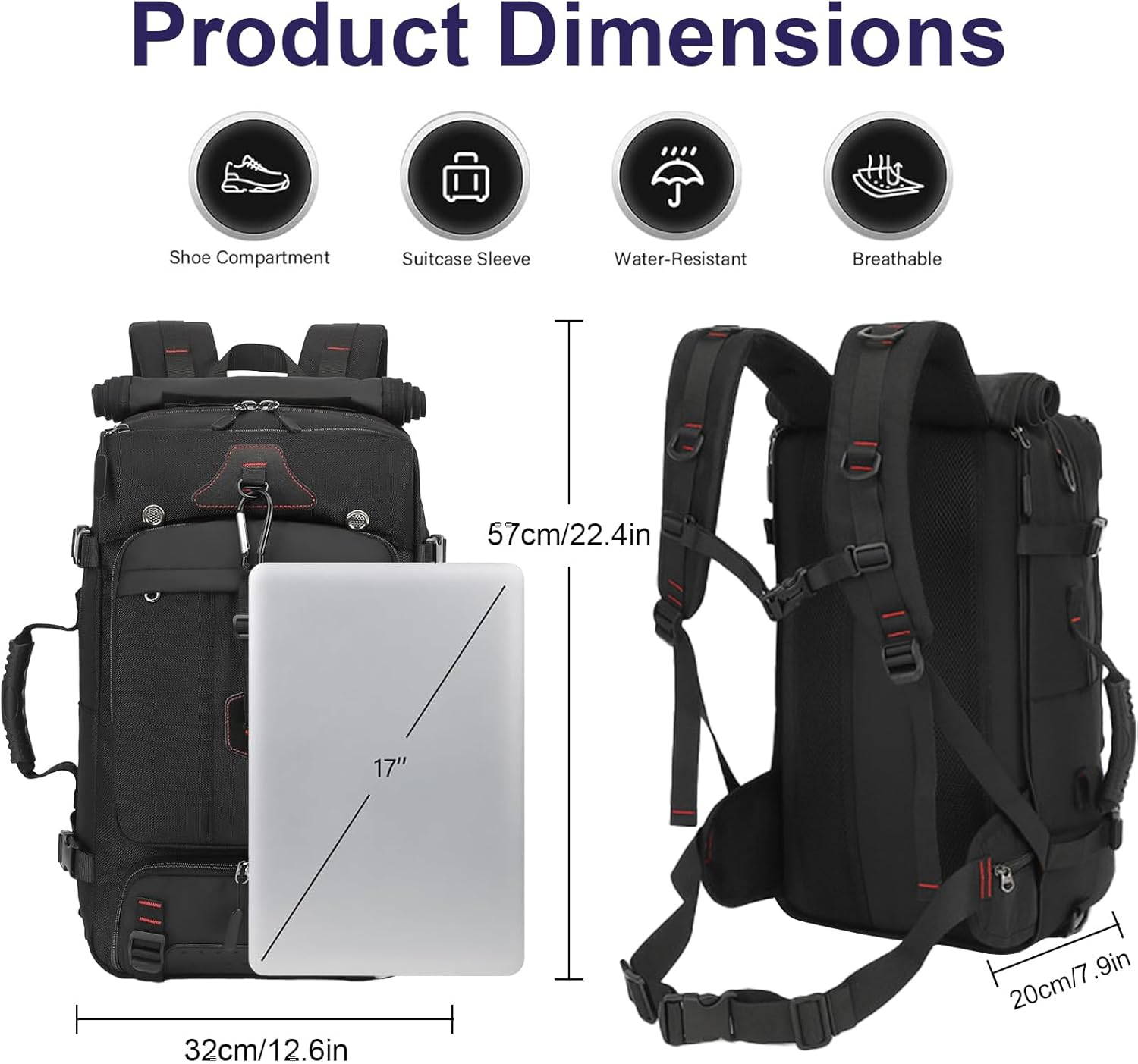 YUDSKU Travel Backpack 60L, Extra Large Carry on Backpack, Waterproof Travel Laptop Backpack, Durable Convertible Duffle Bag Fit for 17 Inch Laptop, with USB Charging Port, Shoe Compartment&Wet Pocket