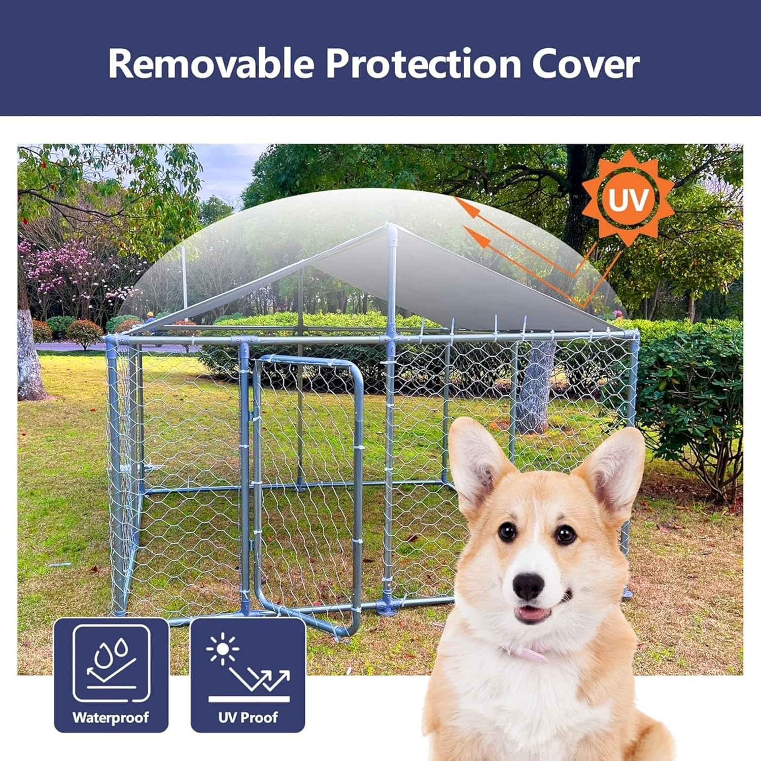 Outdoor Dog Kennel - Durable Galvanised Steel Construction with Safety Lock and UV Protected Canopy - Large Space for Exercise and Play (600 X 300 X 150 Cm)