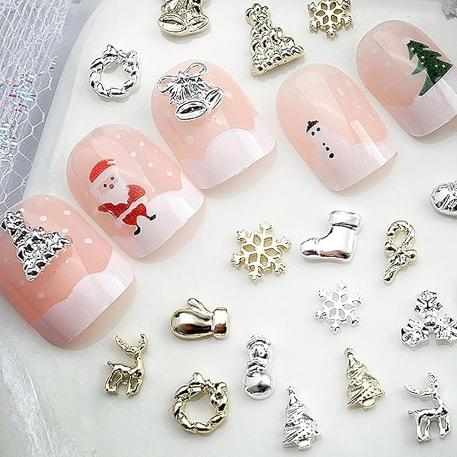 Itadaku 60 PCS Alloy 3D Christmas Nail Decorations Set, Snowflake Bell Snowman Elk Designs, DIY Ornaments, Metallic Nail Charms for Holiday image number 1