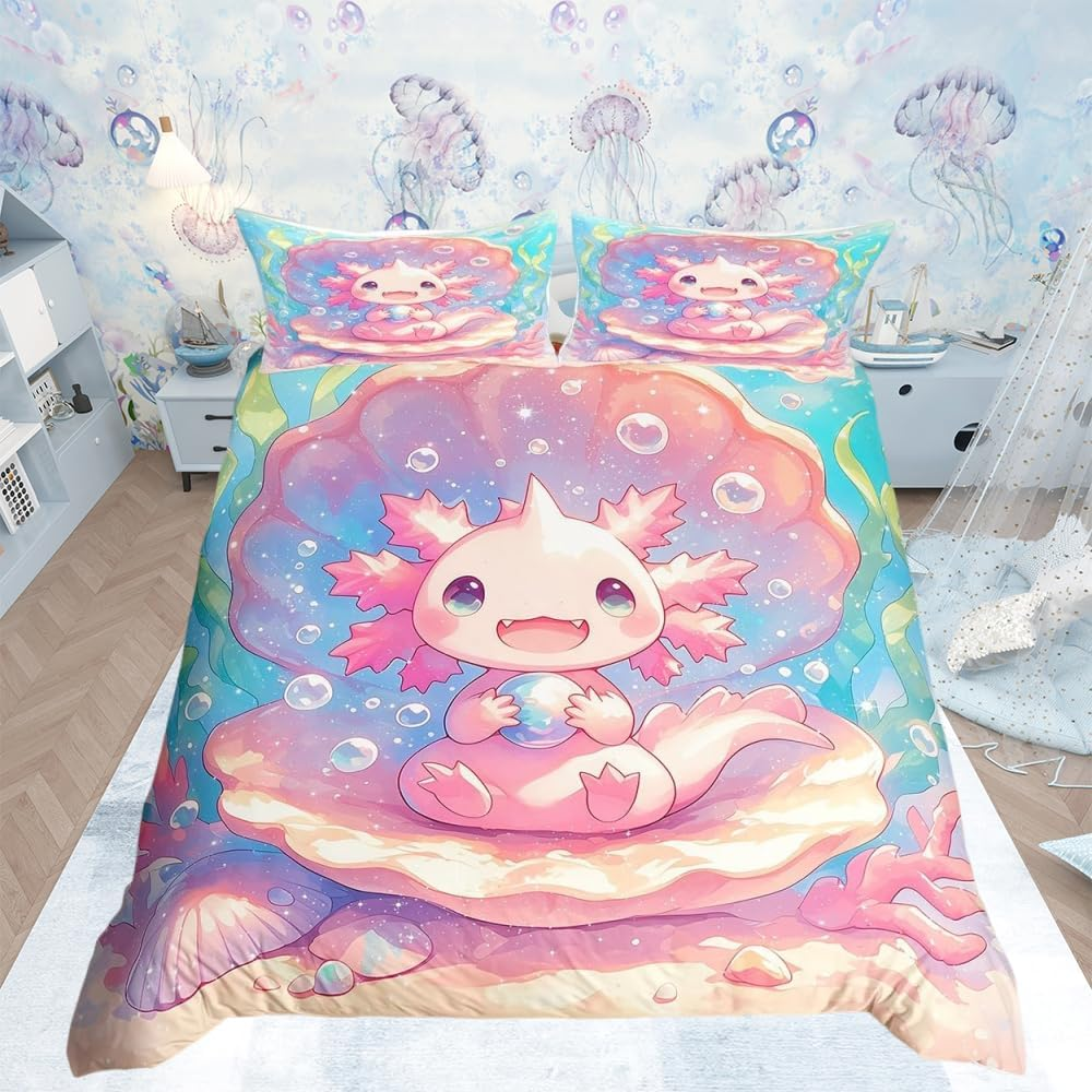 Loussiesd Cute Axolotl Bedding Set for Girls Boys Kids Single Size Cartoon Salamander Comforter Cover Set Kawaii Ocean Sealife Duvet Cover Ocean Bedspread Cover 2Pcs Pink Quilt Cover