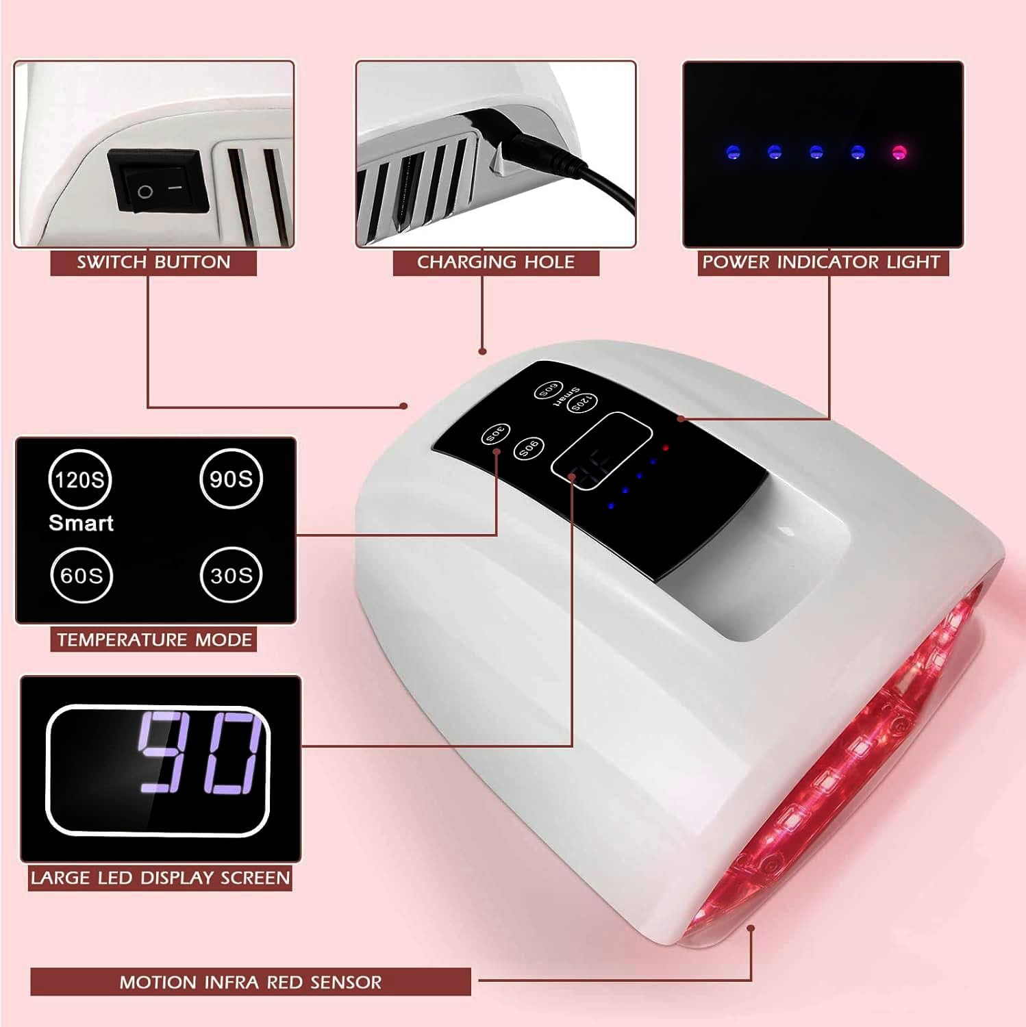 90W UV Nail Lamp Rechargeable Nail Dryer UV Light for Nails with Automatic Sensor/4 Timer Setting, Large Capacity-15600Mah Cordless Nail Gel Dryer image number 6