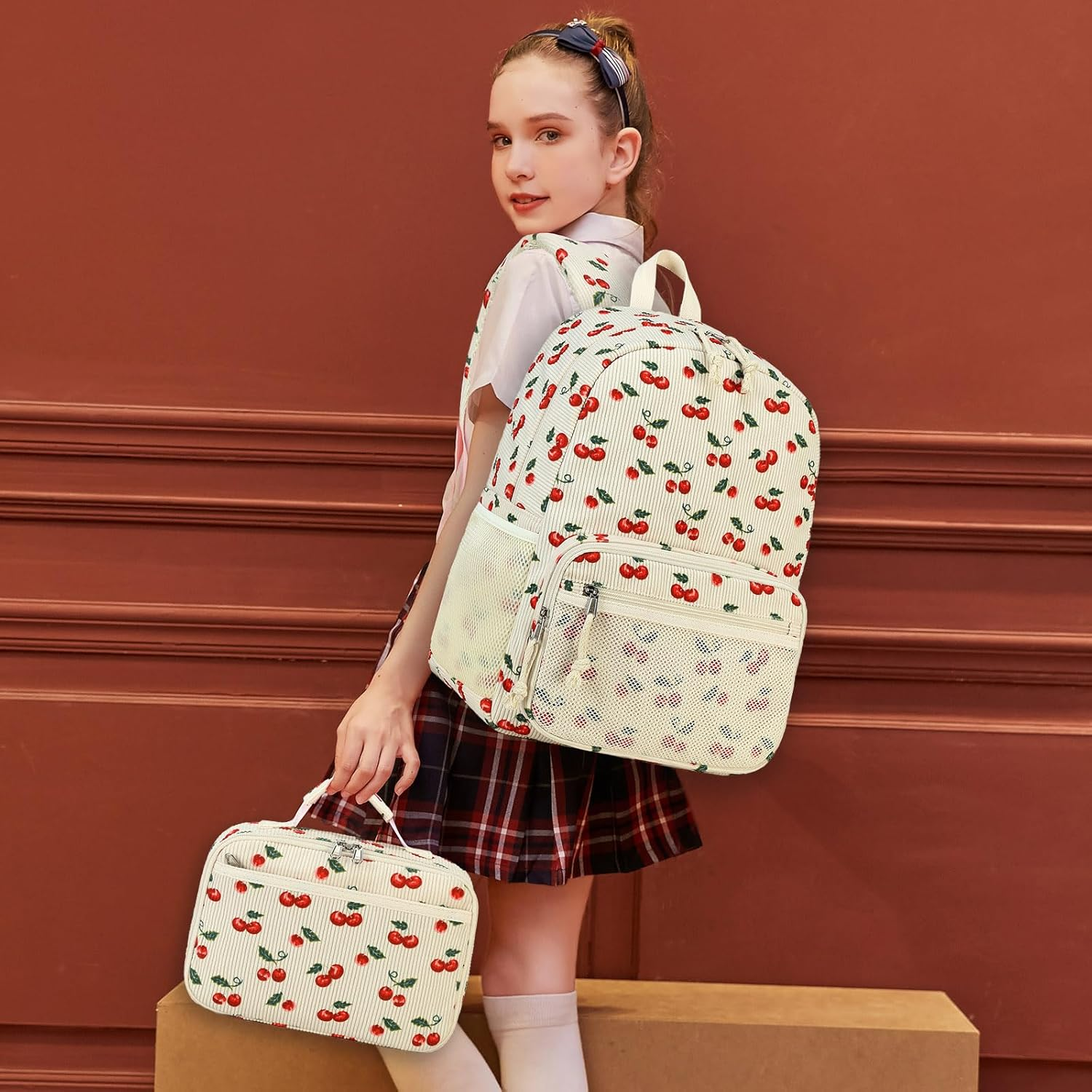 JIANYA Kids Backpack for School, Lightweight Girls Backpack with Lunch Box Children'S School Book Bag - Cherry/ Beige image number 2